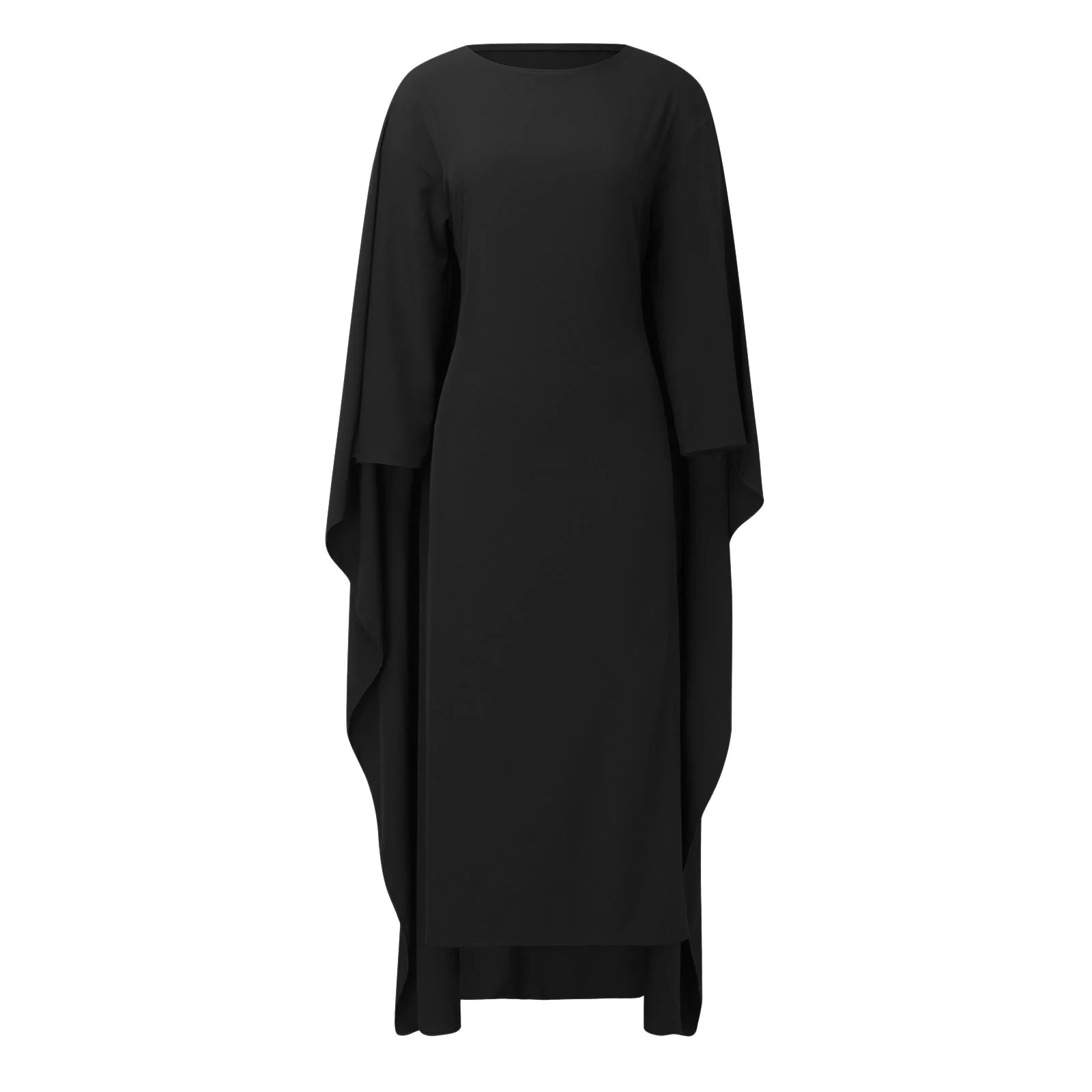 Fashion Satin Party Dress Robe Abaya Women Elegant Solid Round Neck Bat Sleeves Loose Maxi Dress Women