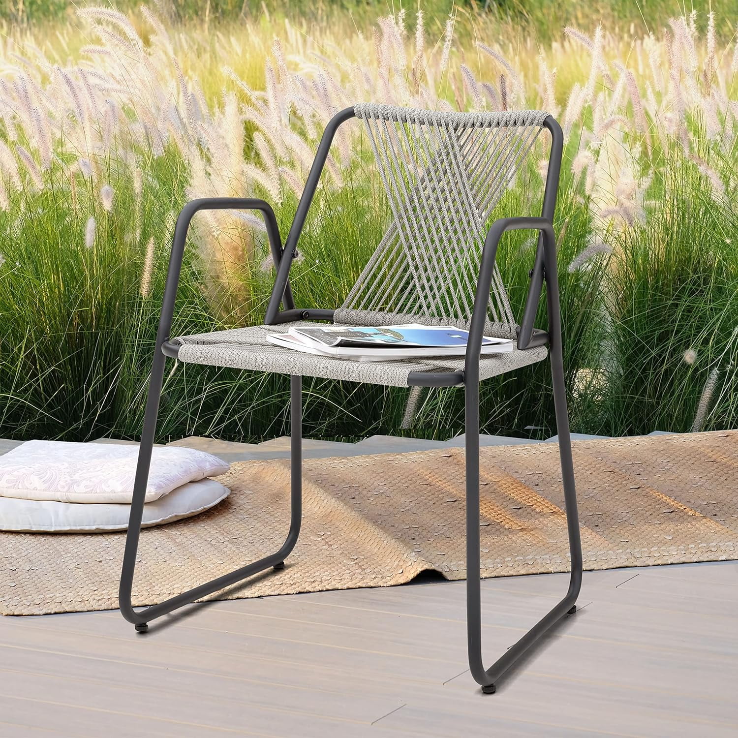 NUU GARDEN Outdoor Bistro Chair, Woven Rope Conversation Patio Chair, All Weather Patio Furniture Chair for Garden, Deck, Backyard, Balcony, Porch, Black