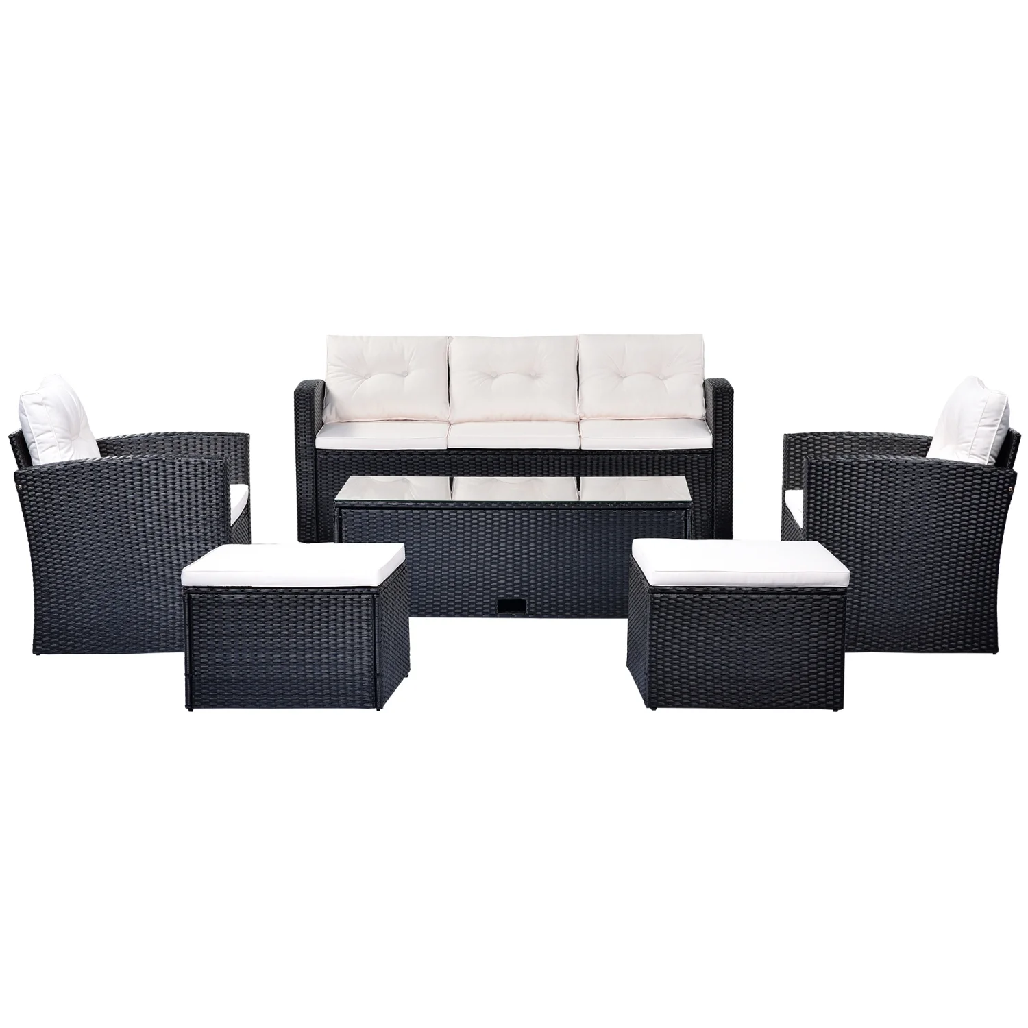 Luxurious Elegant Black PE Rattan Wicker Outdoor Patio Dining Sectional Set - 6-piece with Comfortable Beige Cushion Coffee Table  Stylish All-Weather Wicker Sofas  Ottomans - Included Re