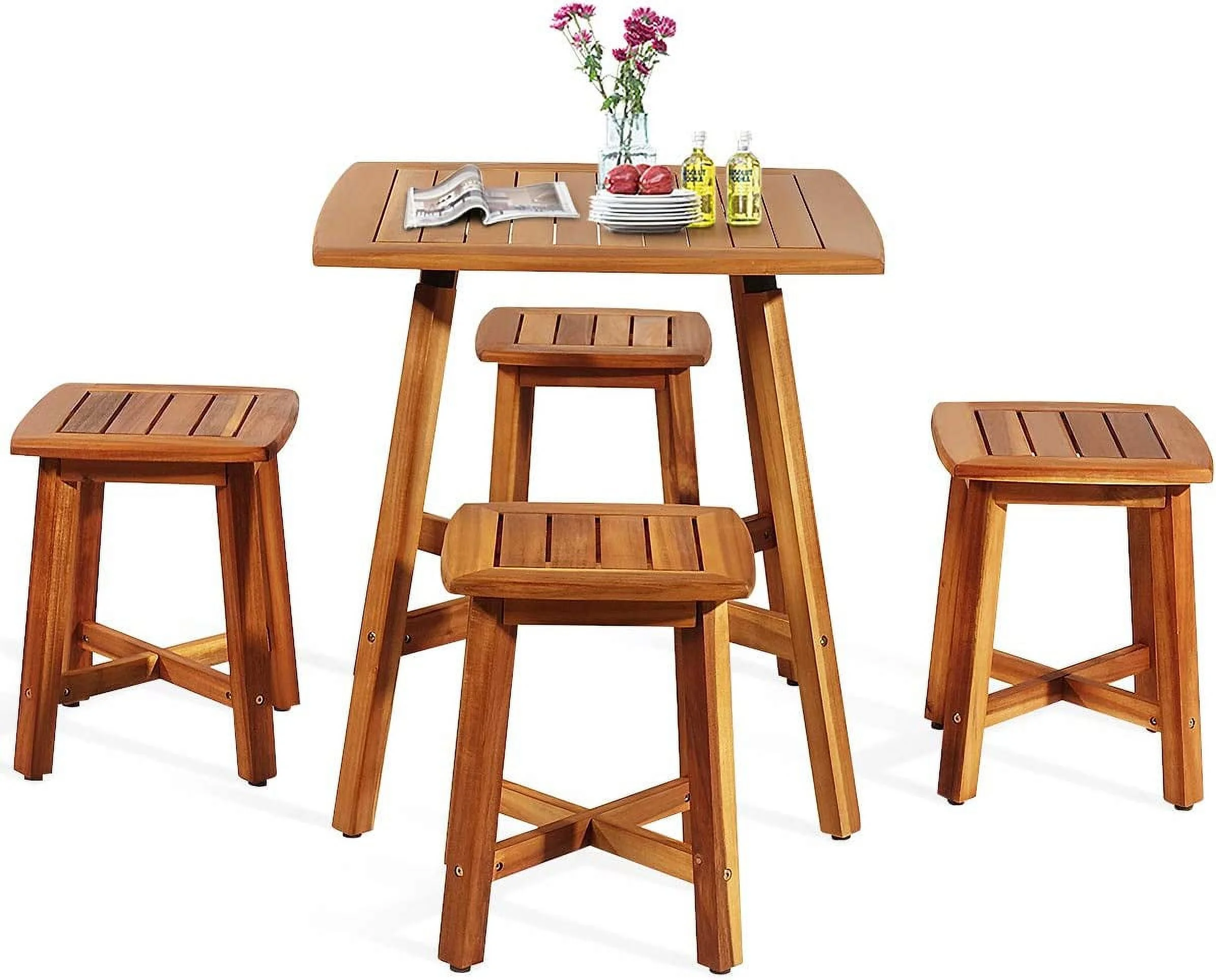 HAPPYGRILL 5 Pieces Wooden Patio Dining Set, Outdoor Acacia Wood Dining Furniture Set with 4 Stools, Wood Table and Armless Chairs for Garden Porch Backyard Balcony Poolside