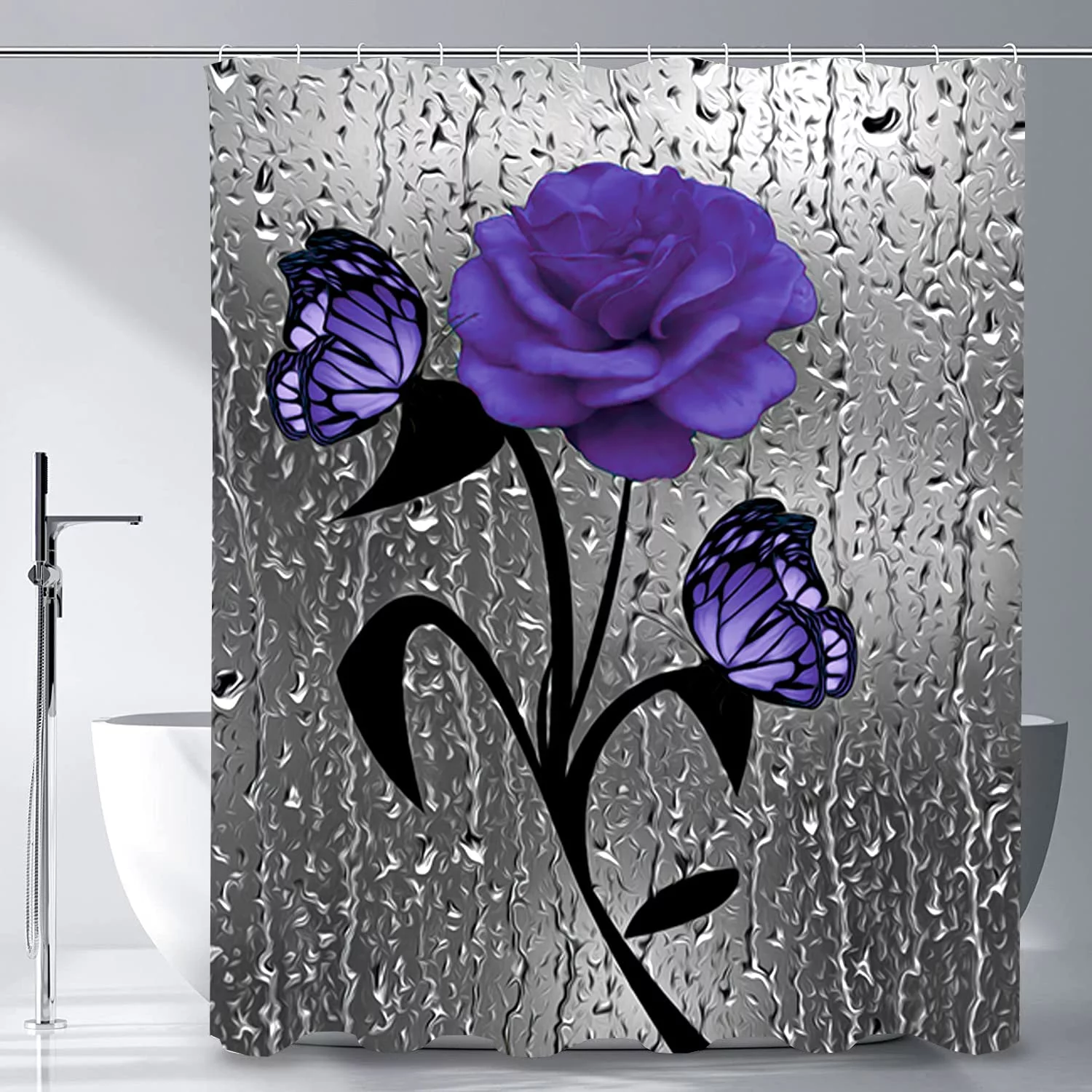 Shower Curtain - Purple Flower and Butterfly Black Flower Branch - Waterproof Polyester Bath Shower Curtain - 72 x 72 Inch
