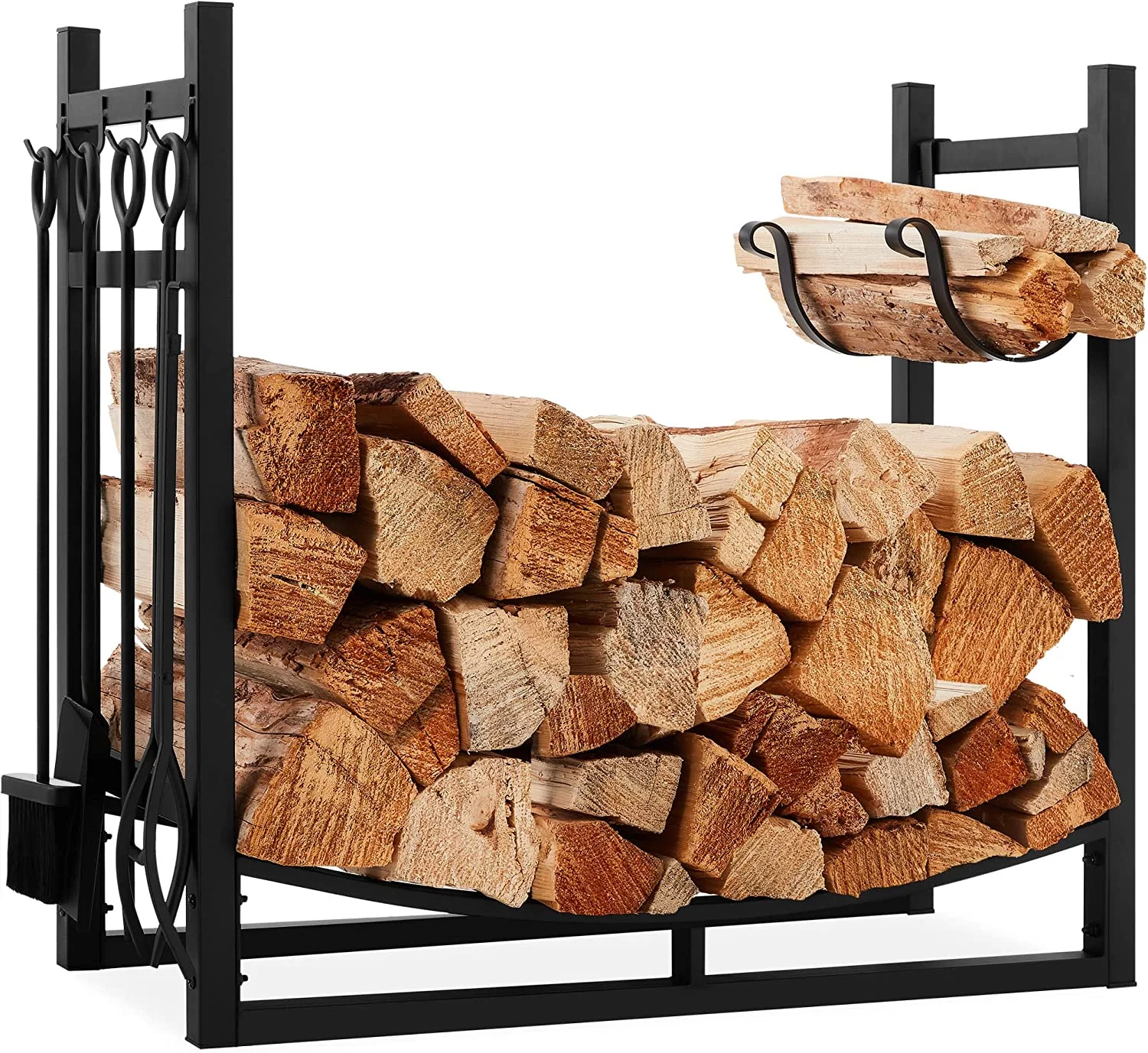 34.25in Firewood Log Rack & Tool Set Steel Wood Storage Accessory for Indoor Outdoor Fire Pit, Fireplace w/Kindling Holder, Shovel, Poker, Tongs, Brush