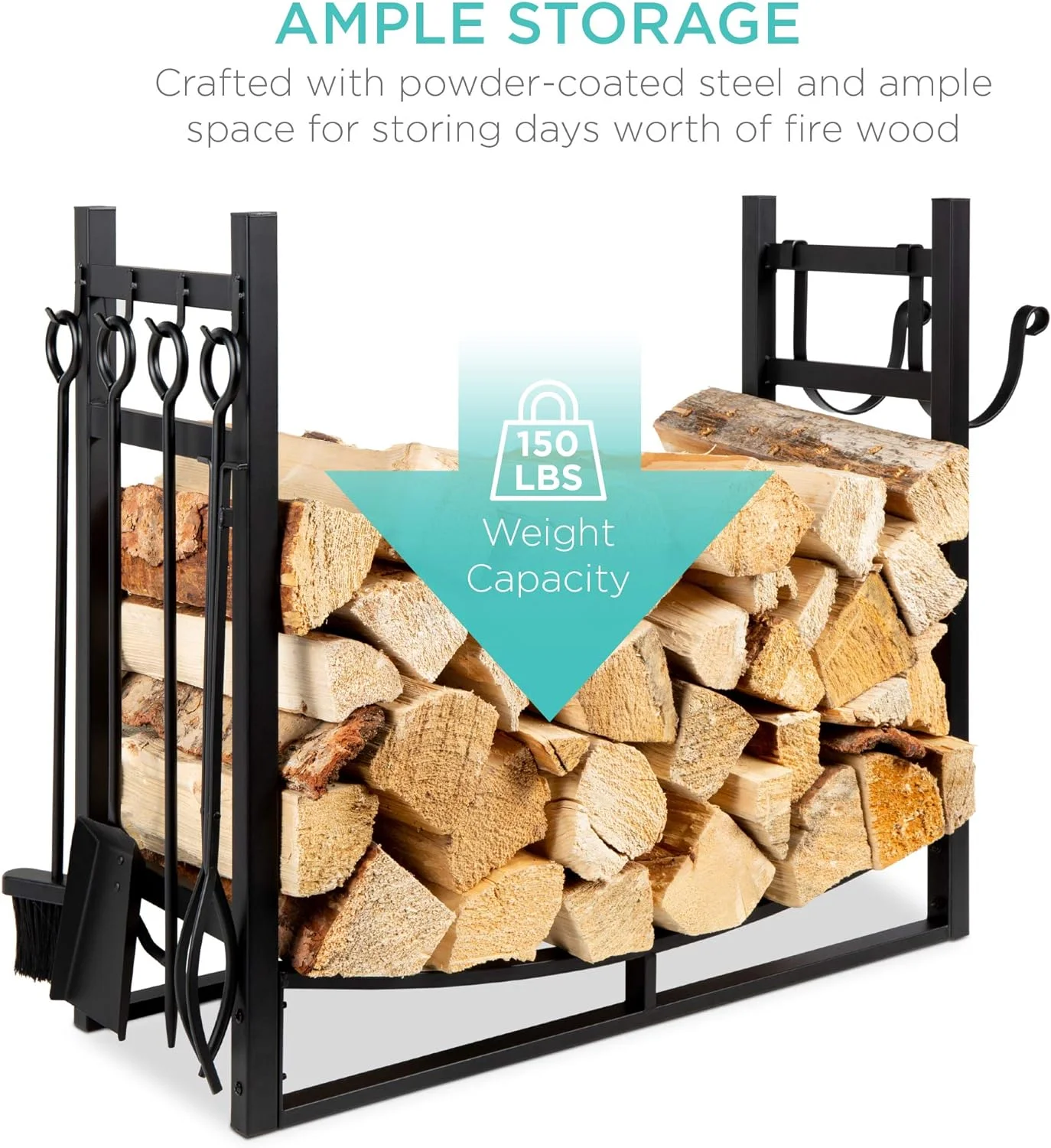 34.25in Firewood Log Rack & Tool Set Steel Wood Storage Accessory for Indoor Outdoor Fire Pit, Fireplace w/Kindling Holder, Shovel, Poker, Tongs, Brush