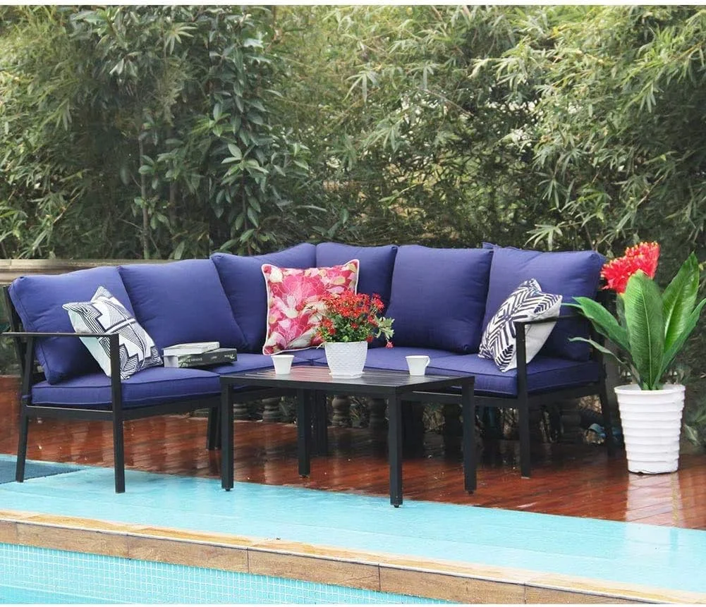 Dina 4 Piece Patio Furniture Set Clearance  Outdoor Metal Sectional Sofa Set V-Shaped L-Shape with 2 Corner Bench  1 Corner Chair & 1 Coffee Table for Lawn Garden Porch  Navy Blue