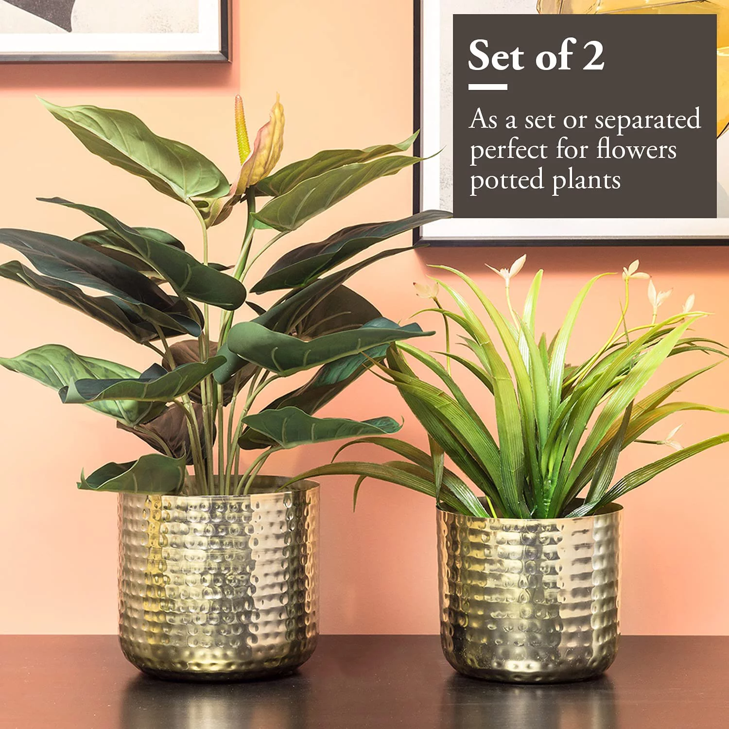 MyGift 2 Piece Hammered Style Cylindrical Planter Pots, Brass Plated Metal