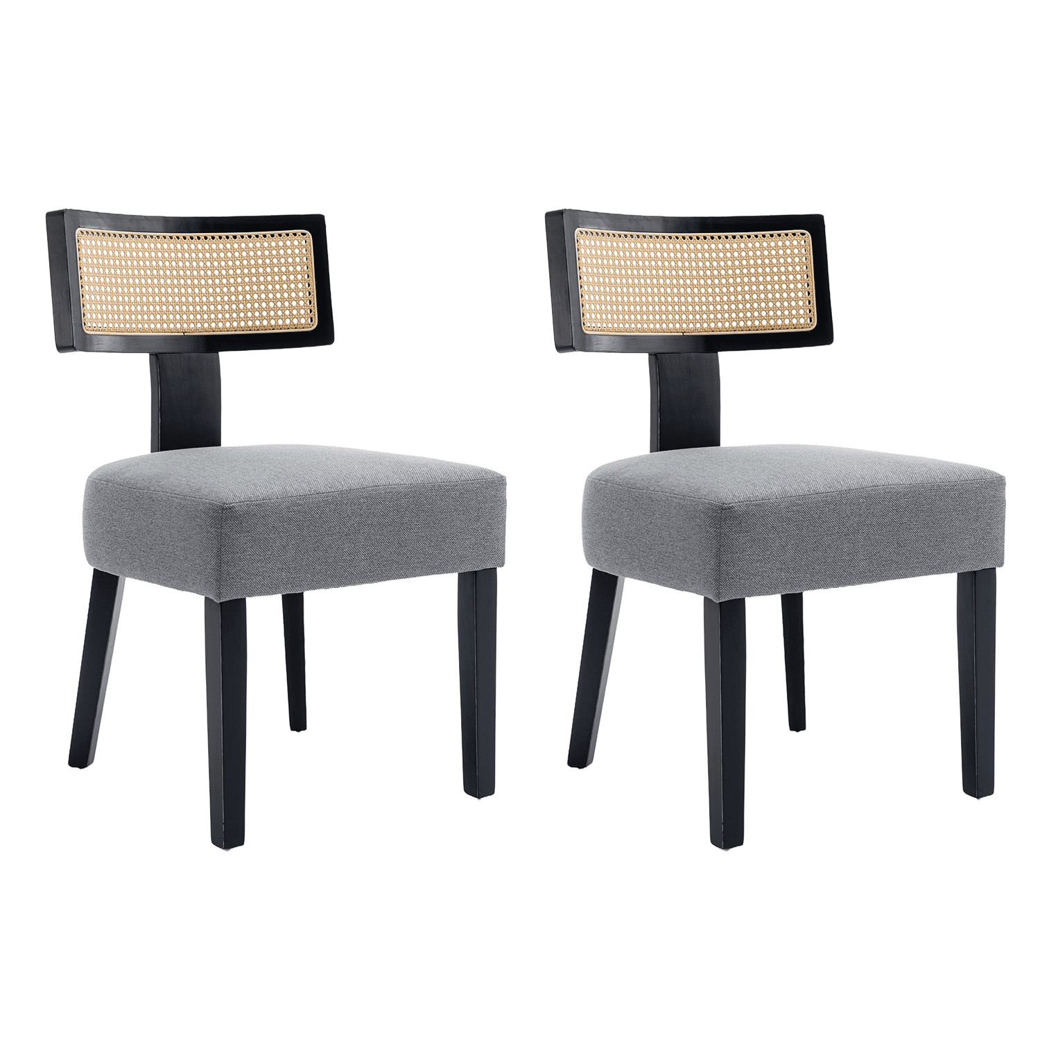Mid Century Modern Dining Chairs Set of 2, Linen Upholstered Kitchen Chairs with Wood Legs and Curved Rattan Back Farmhouse Dining Room Chairs Accent Side Chairs for Dining Room, Grey/Black