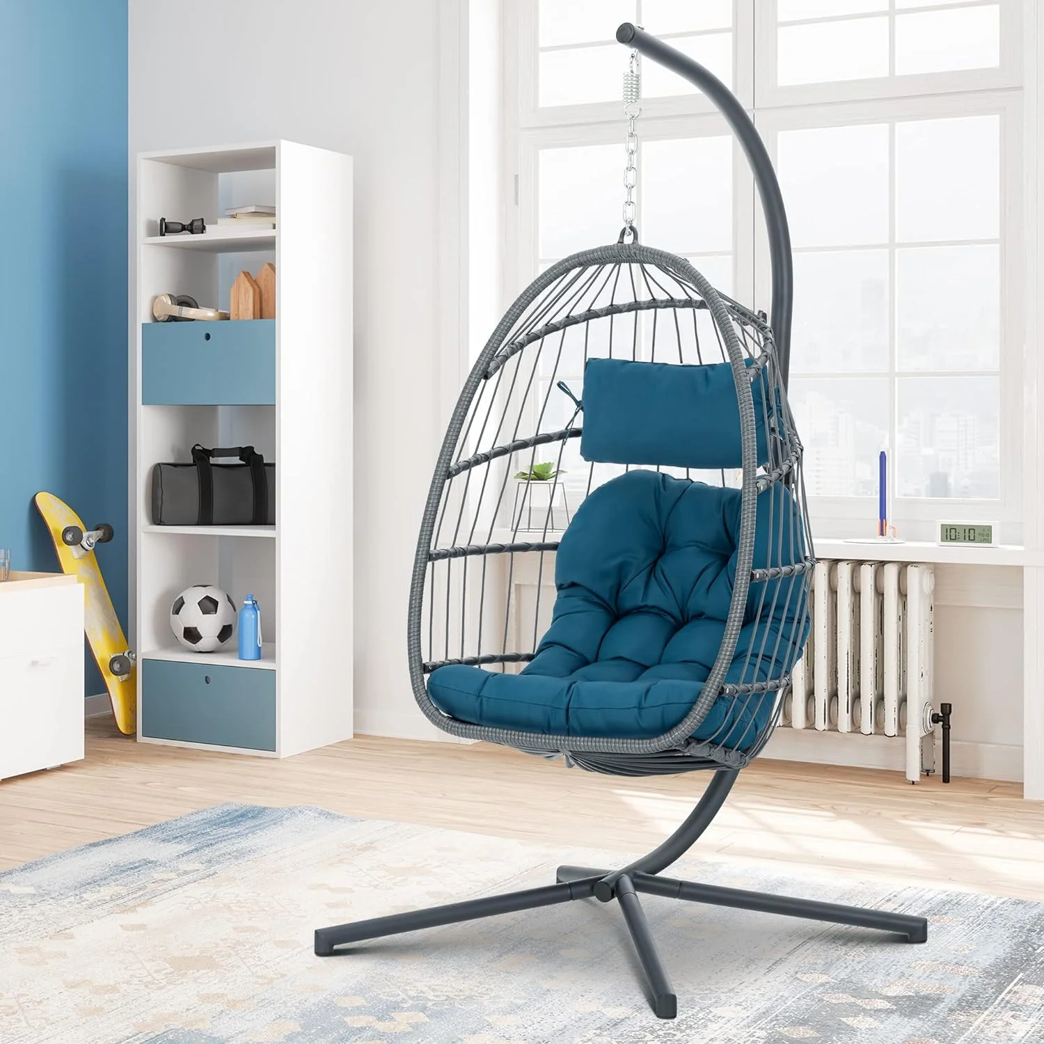 Wicker Rattan Hanging Swing Egg Chair, Aluminum Frame and UV Resistant Cushion, Indoor Outdoor Patio Porch Lounge Hand Made Chair 350LBS Capacity