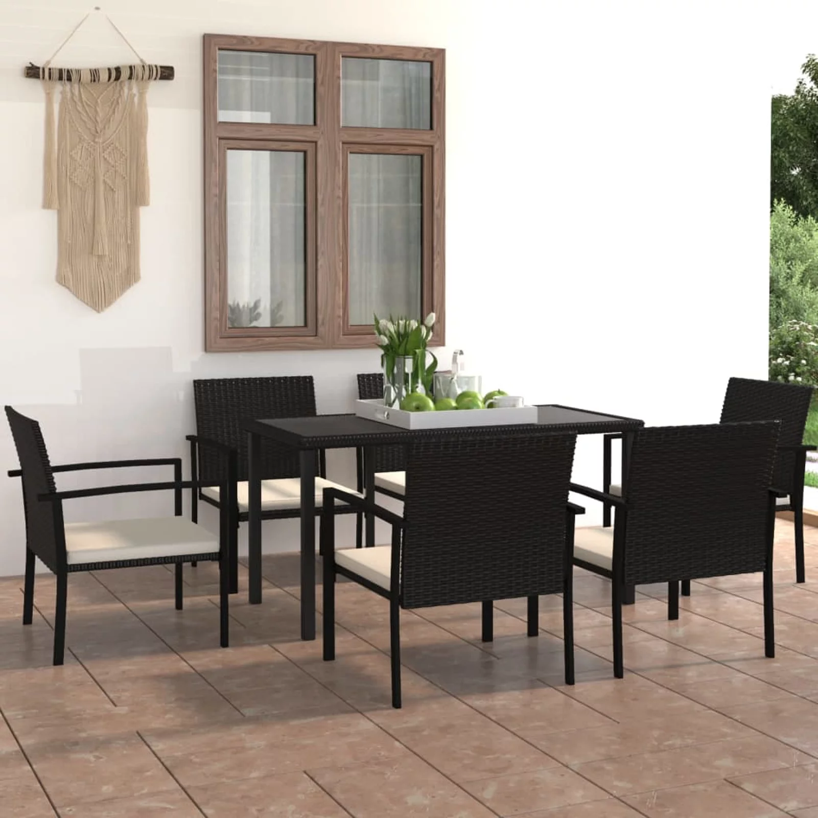 Walmeck 7 Piece Patio Dining Set Poly Rattan Black