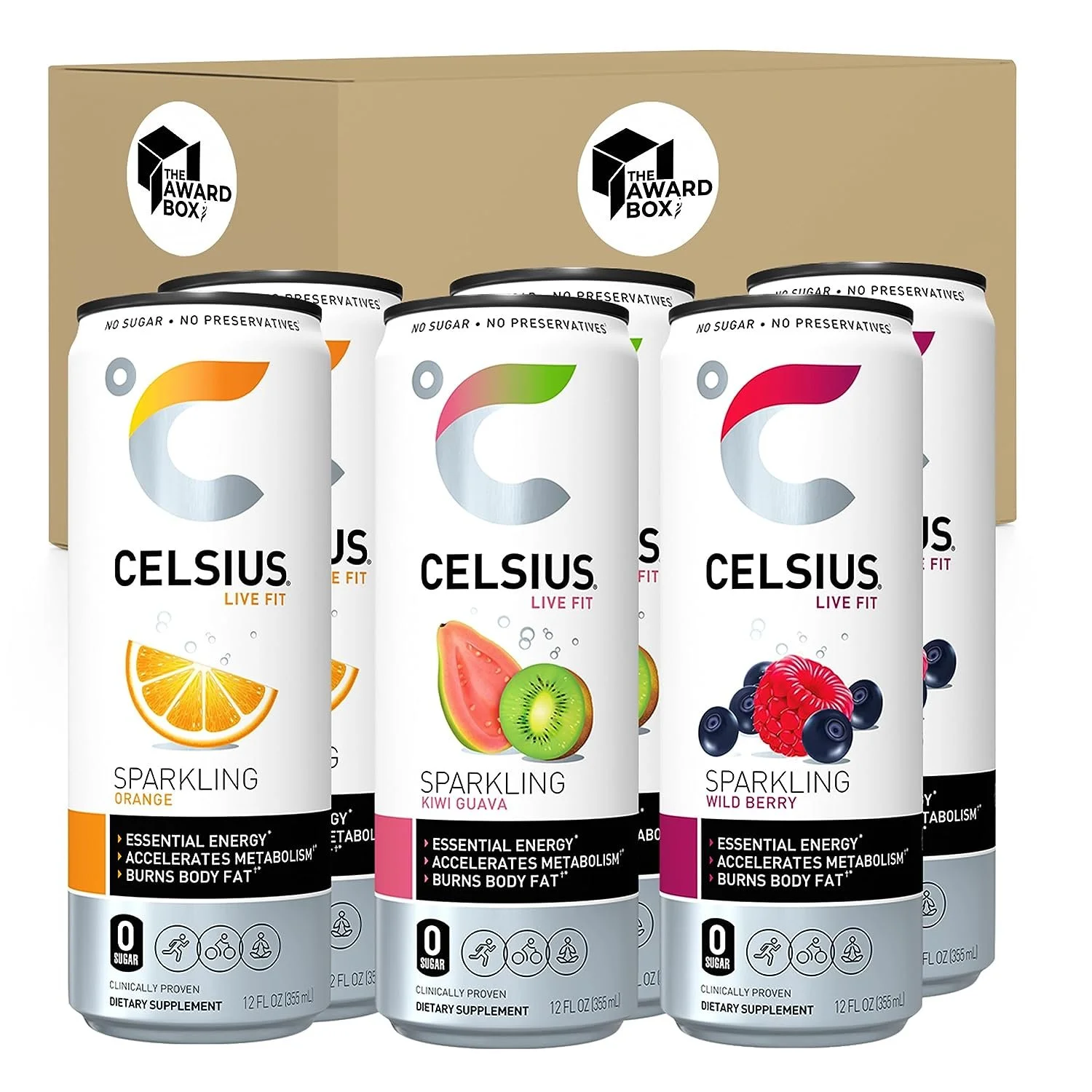 Celsius Sparkling Essential Energy Drink 12 fl oz, Slim Cans Variety Orange, Kiwi Guava, Wild Berry - 6 Pack