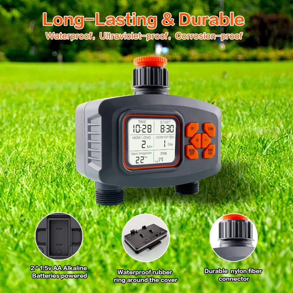 Water Timer for Garden Hose, 2-Outlet Watering Sprinkler Timer with LCD Screen Programmable Irrigation Timer for Yard Lawn Automatic/Manual  Watering Timer
