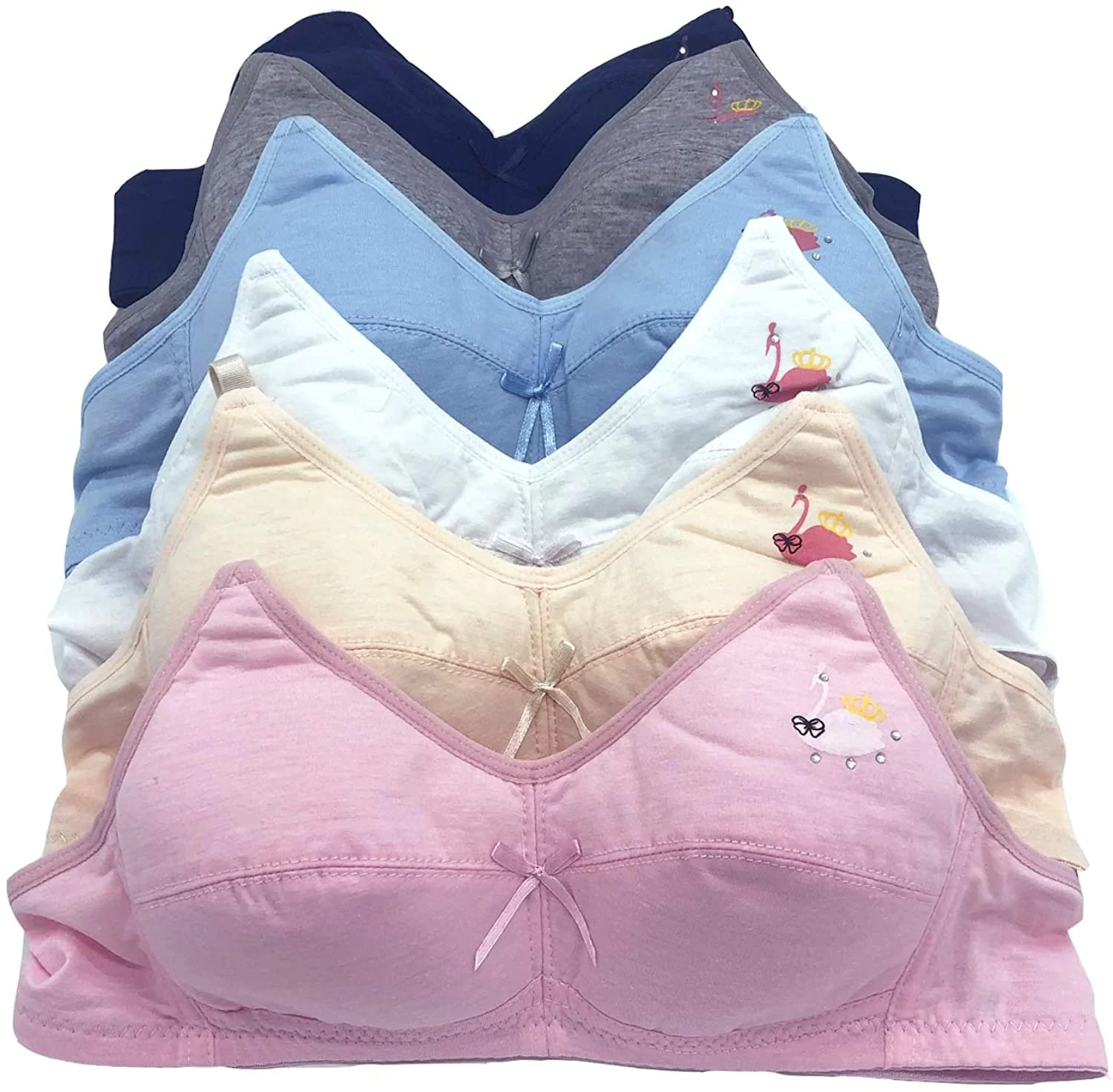 6 Pieces Wire Free No Padding Teenager Girl Cotton Junior Training Bra A Cup (32A, 6270-33R.G2)