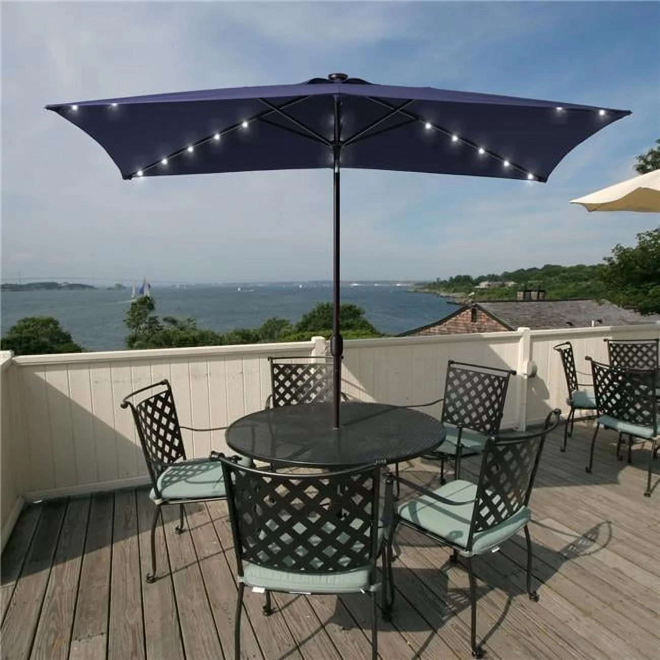 SANLUCE  Solar LED 10 ft. x 6.5 ft. Aluminum Patio Rectangle Market Umbrella in Navy Blue with Push-Button Tilt