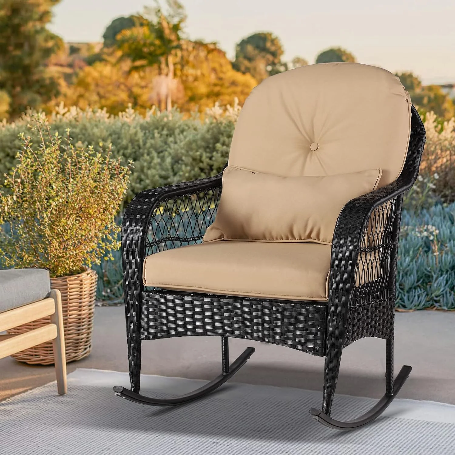 BAIJIAWEI B Outdoor Wicker Rocking Chair All Weather Wicker Rocker Chair with Cushions for Garden Patio Yard Porch Lawn Balcony Backyard (1PCS-Black Wicker-Khaki)
