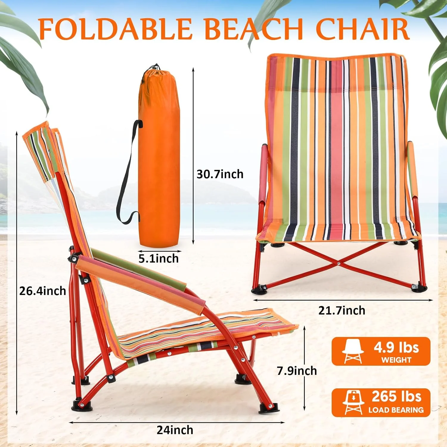 4 Pcs Low Seat Beach Chairs Folding Portable Beach Chair Backpack Camping Chair High Back Reclining Beach Chair with Carry Bag Lightweight for Outdoor, Beach, Camping, Lawn (Green)