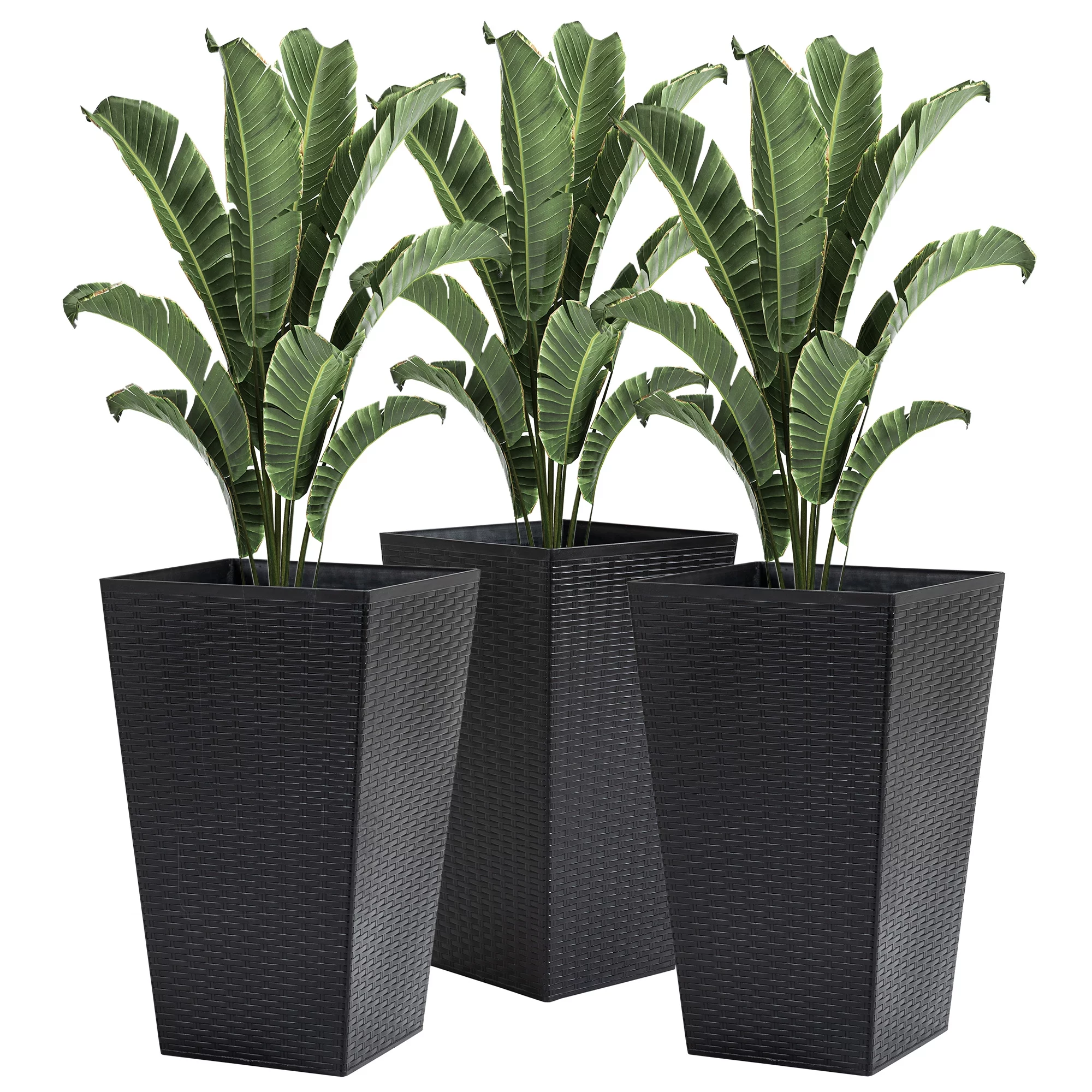CoSoTower Set of 3 Tall Planters with Drainage Hole, Outdoor Flower Pots, Indoor Planters for Porch, Front Door, Entryway, Patio and Deck, Black