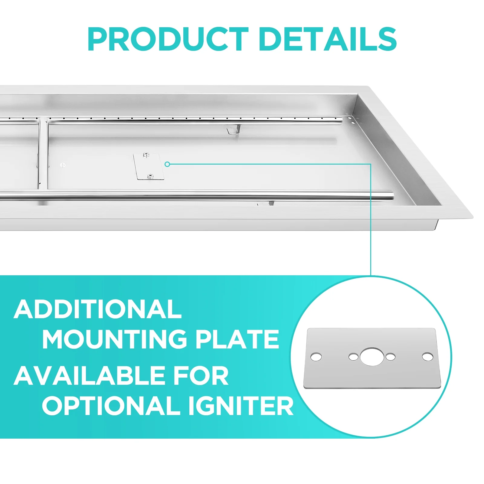 Haosegd 48 * 14 Inch Rectangular Drop-in Fire Pit Pan, Use Natural Gas & Propane, 304 Stainless Steel Fire Pit Pan with H Burner for Outdoor and Indoor Fireplace 185000BUT