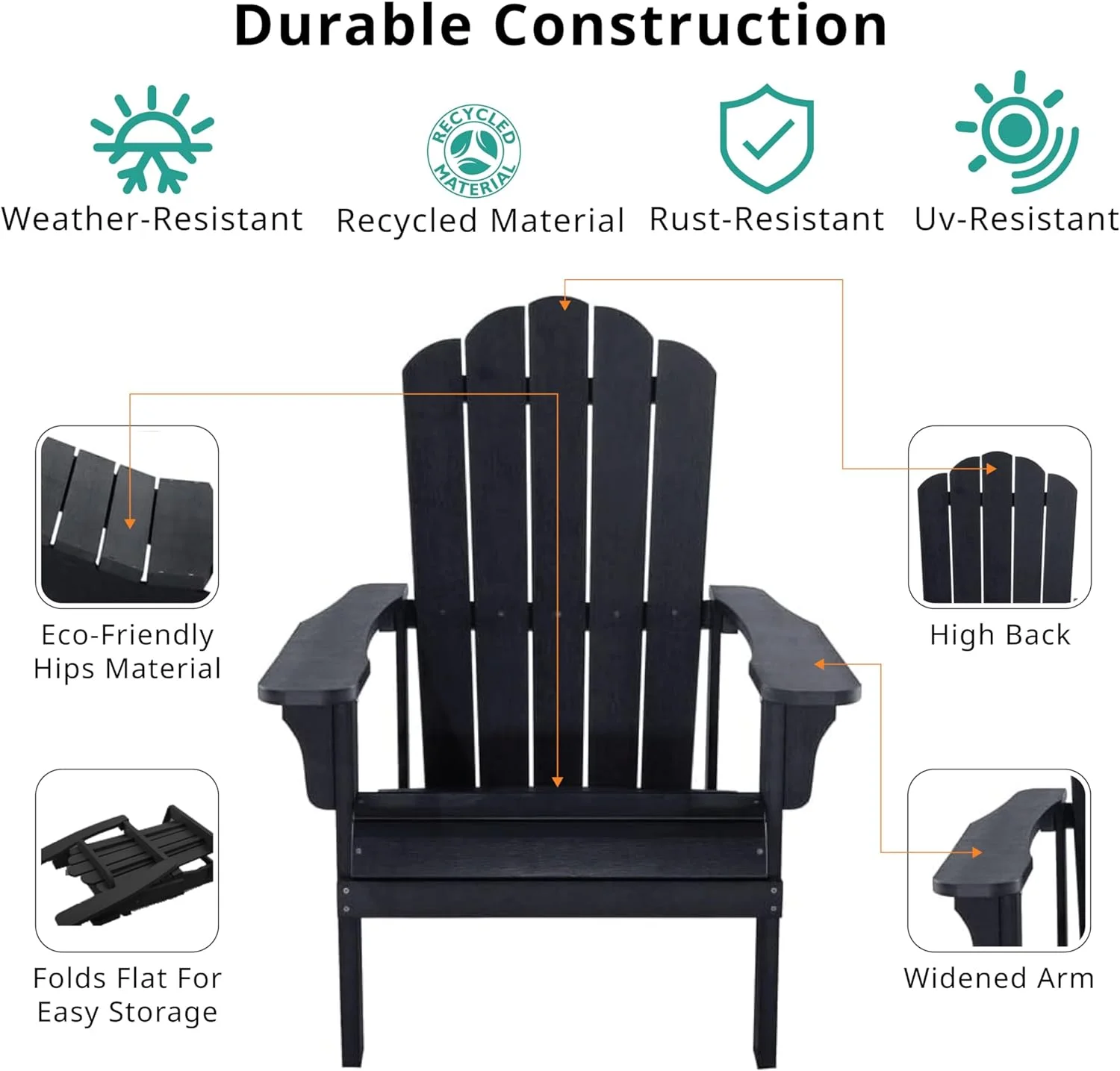 iPatio Premium Outdoor 3-Piece Adirondack Bistro Set: Weather-Resistant and Durable Patio Furniture with 2 Chairs and Side Table for Deck, Garden, and Poolside Relaxation, Black