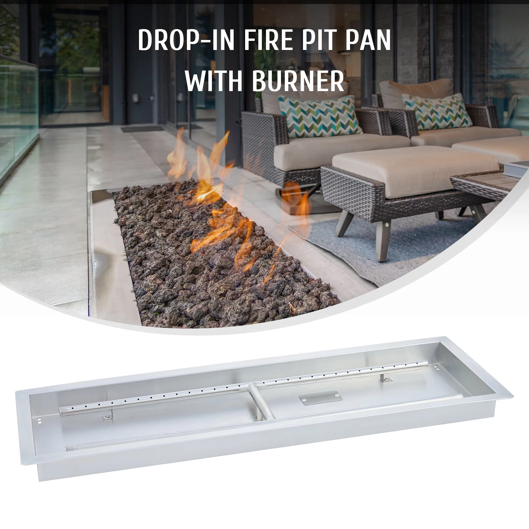 36x12 Inch Fire Pit Pan with Burner Drop-In Gas Propane Fireplace Tray 150k BTUs