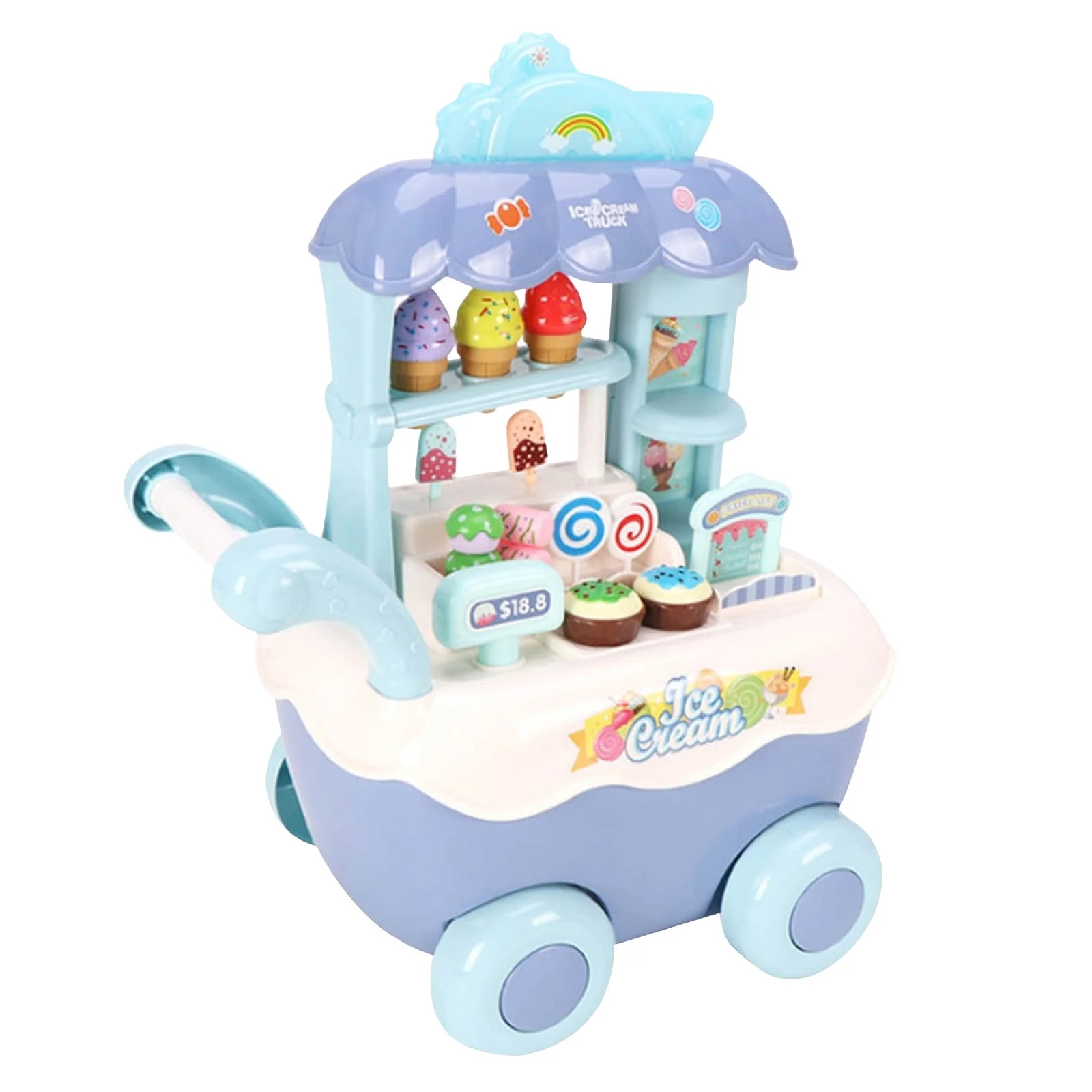 Kids Play Toy Kitchen Cooking Food Children's Play House Toy Ice Cart Lollipop Carriage Detailed Design Durable Plastic Children's Candy Shop Home Pink