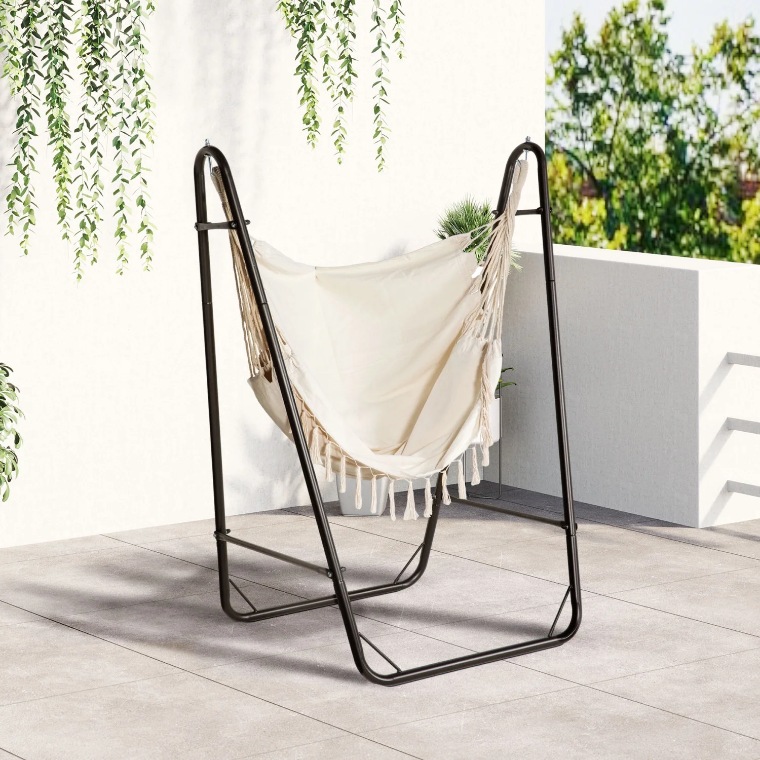 ZWNLKQG Patio Hammock Chair with U Shape Stand  Outdoor Hammock  Hanging Lounge Chair with Side Pocket  Brown/Cream