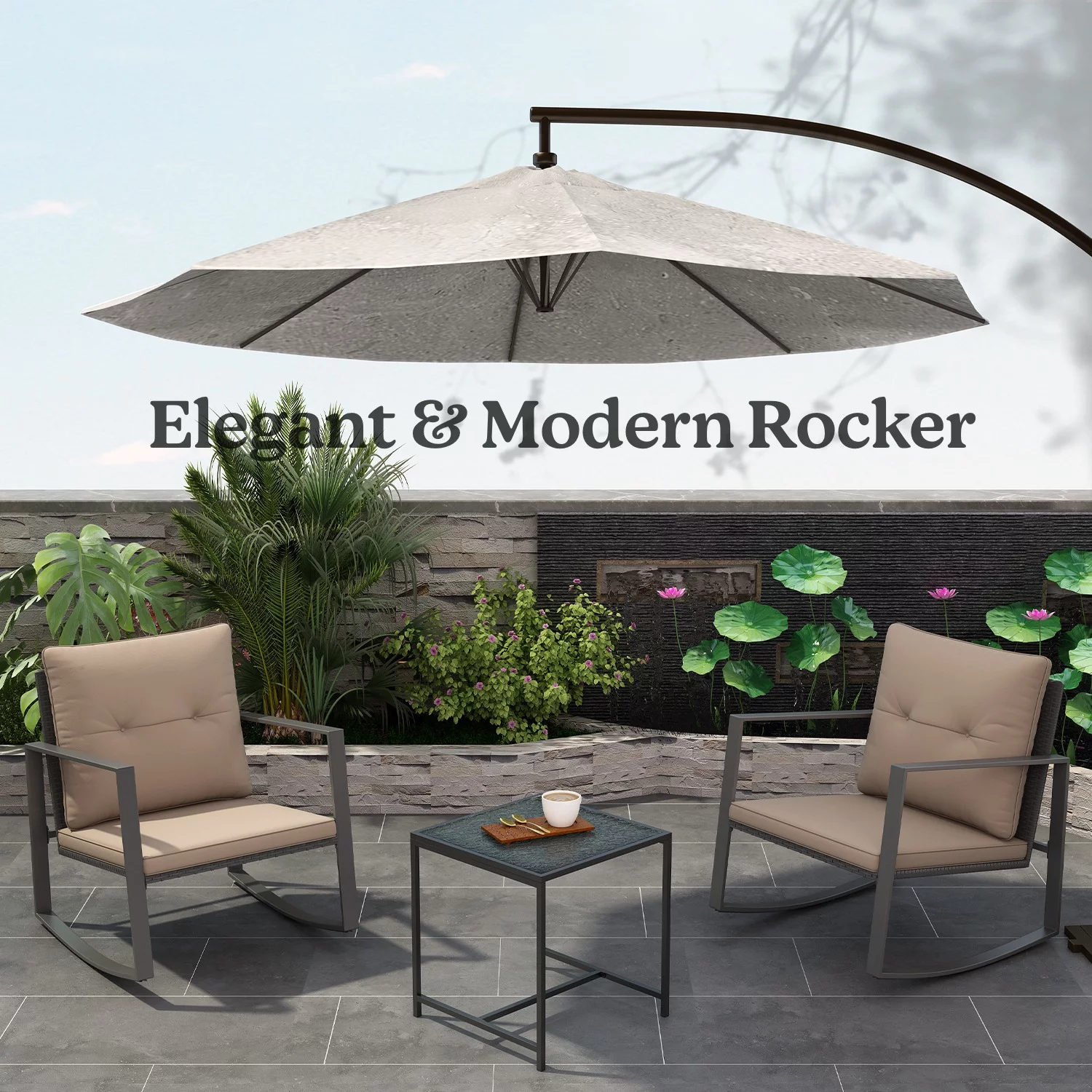 Riley 3-Piece Patio Modern Furniture Set - A Solid Glass Coffee Table WithTwo Plush Cushioned Chairs - Coffee/ Off-white