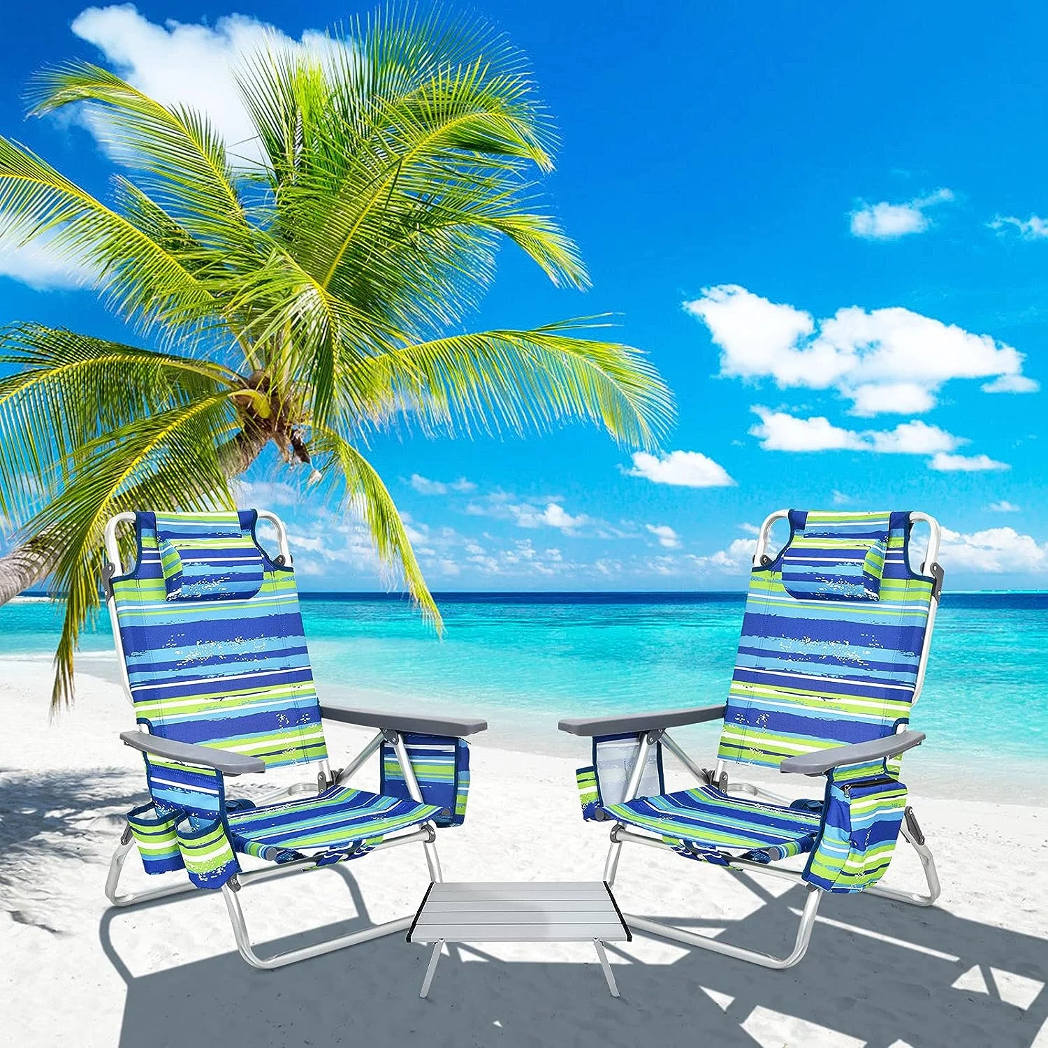 2-Pack S Backpack Beach Chair Table Set 5-Position Outdoor Reclining Chair, Blue & Green