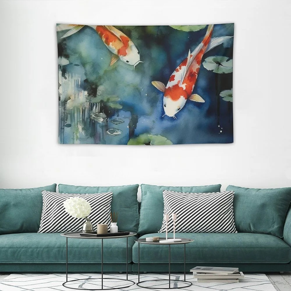 YIKUMA Wall Tapestry Carp Blue Asian Original Watercolor Painting Koi Green Deep Pond Chinese Fish Japanese Tapestry Wall Hanging Bedding Tapestry for Bedroom 60x40in