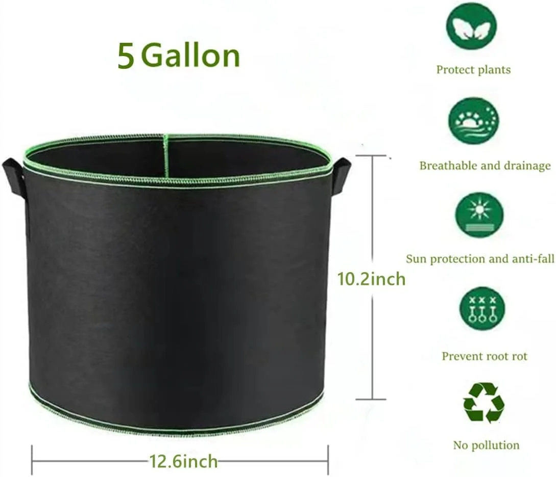 Nvzi 5-Pack 5 Gallon Grow Bags Thickened Nonwoven Fabric Pots Plant Grow Bags with Handles,for Low Stress Plant Training Fruits, Vegetables, and Flowers(Black）