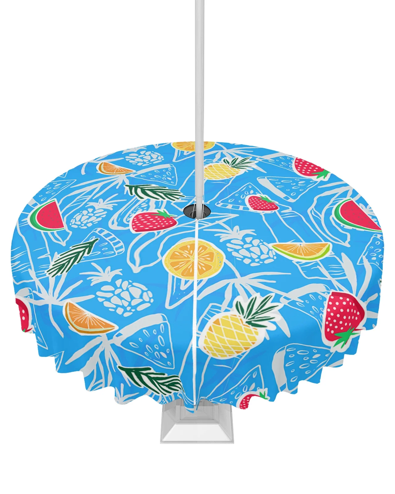 Outdoor Tablecloth with Umbrella Hole and Zipper Summer Tropical Watercolor Lemons and Strawberries Blue Waterproof Patio Table Cover Round&nbsp;Table Cloth for Picnic Party BBQS, 54 inch