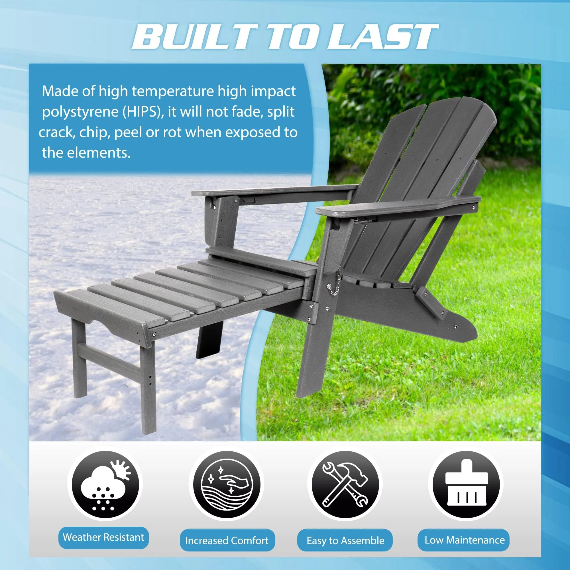 Folding Adirondack Chair with Retractable Ottoman, HDPE All-Weather Resistant Adjustable Backrest Adirondack Chair w/4 in 1 Cup Holder Trays, Wood Texture Grey