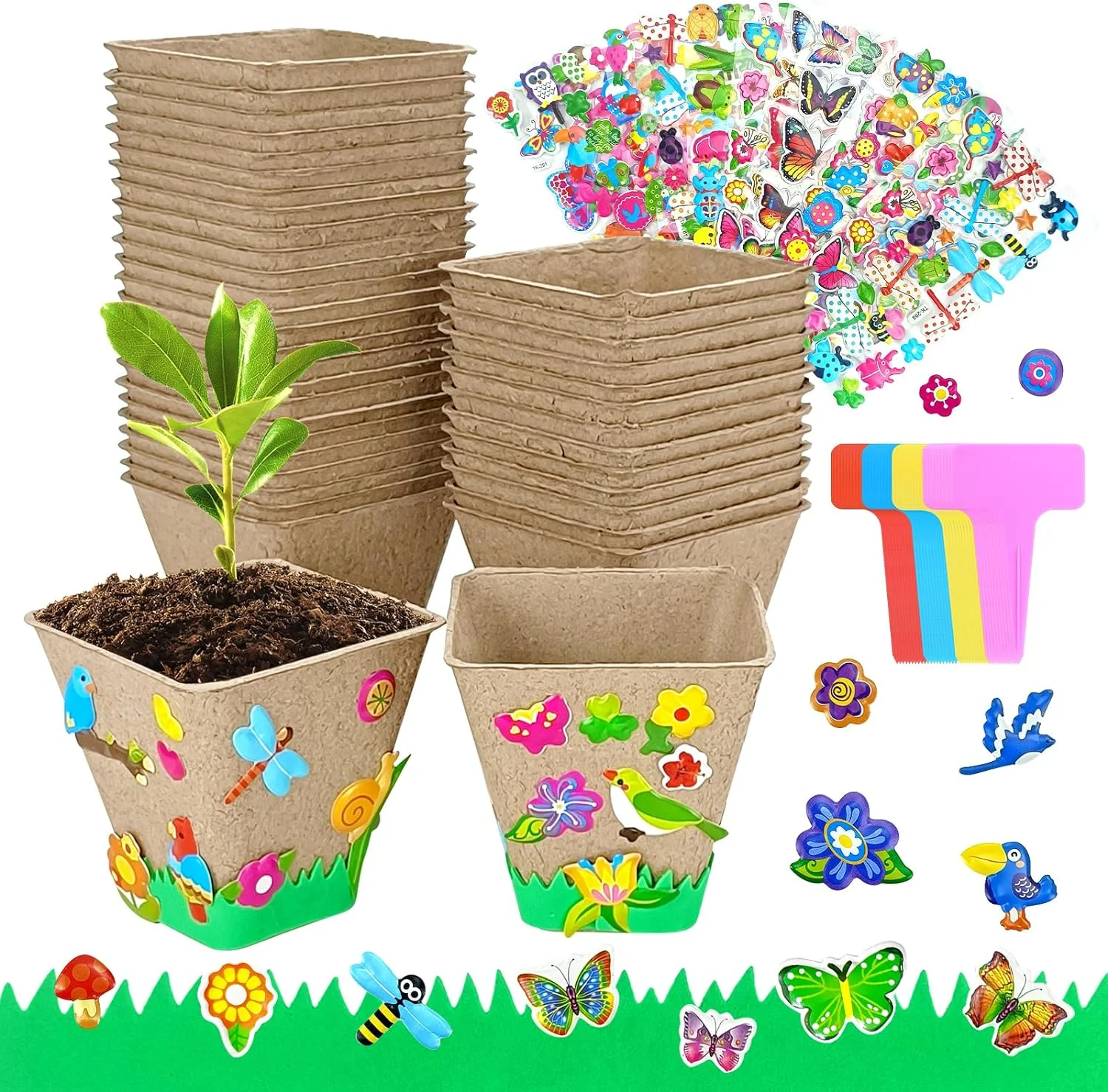50 Set Garden Paper Pot Craft Kit, Biodegradable Seed Starter Pots with Adhesive Foam Stickers and Pots Labels, Seed Starter Pots for Kids Spring Summer Early Graduation DIY Crafts