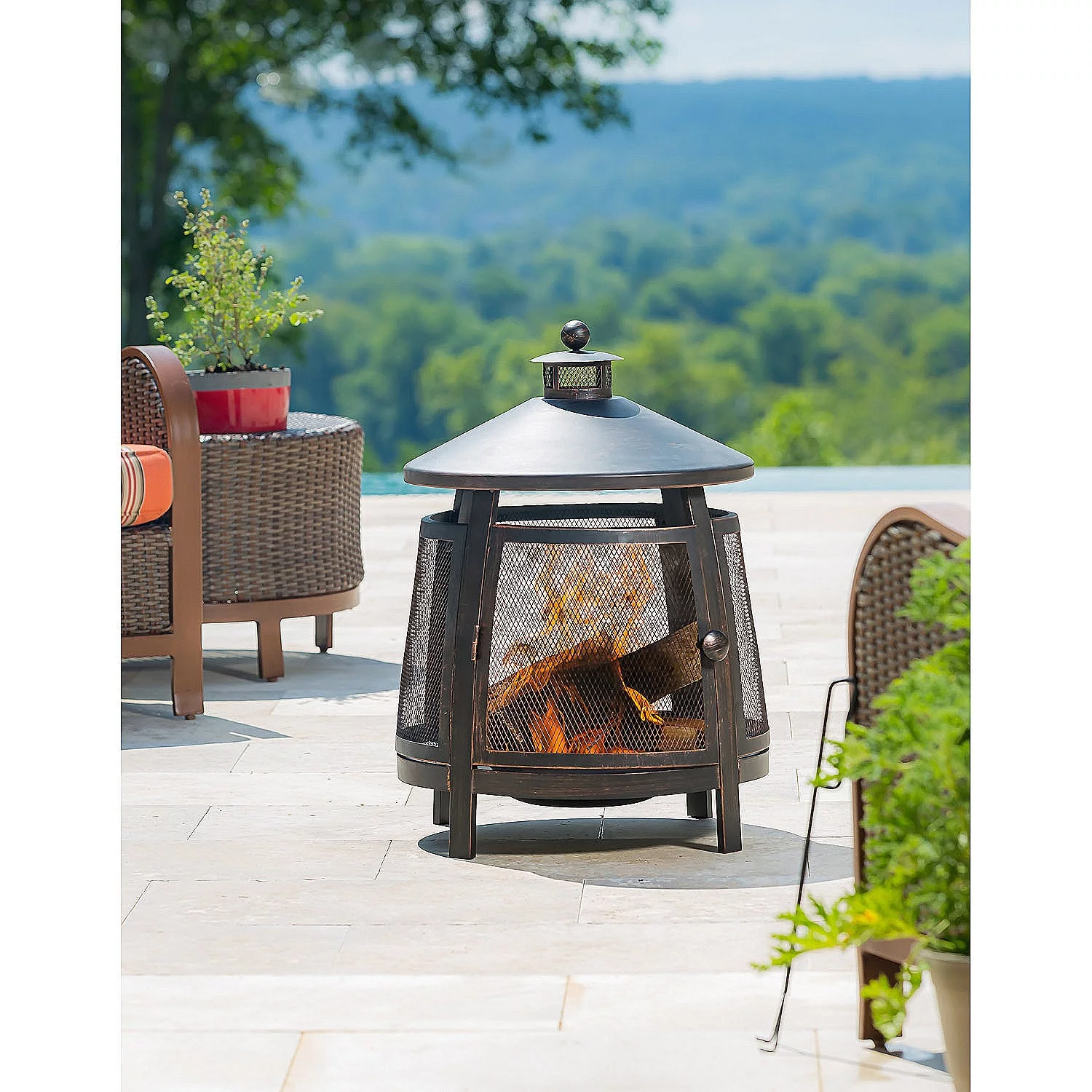 Evergreen Tall Fire Pit with Chimney- 22 x 31 x 22 Inches Outdoor Safe and Weather Resistant with Spark Guard, Fire Pan, and Poker