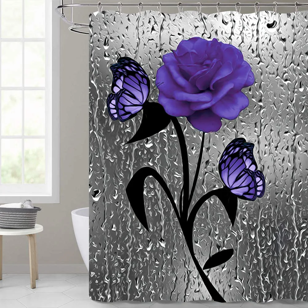 Shower Curtain - Purple Flower and Butterfly Black Flower Branch - Waterproof Polyester Bath Shower Curtain - 72 x 72 Inch