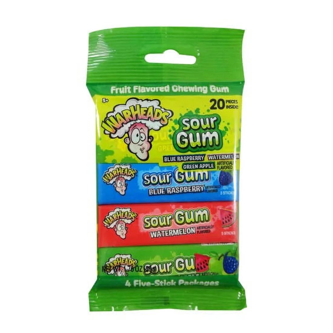 Warheads Assorted Sour Gum, 4 Five-Stick Packages - 10 Count Display Box