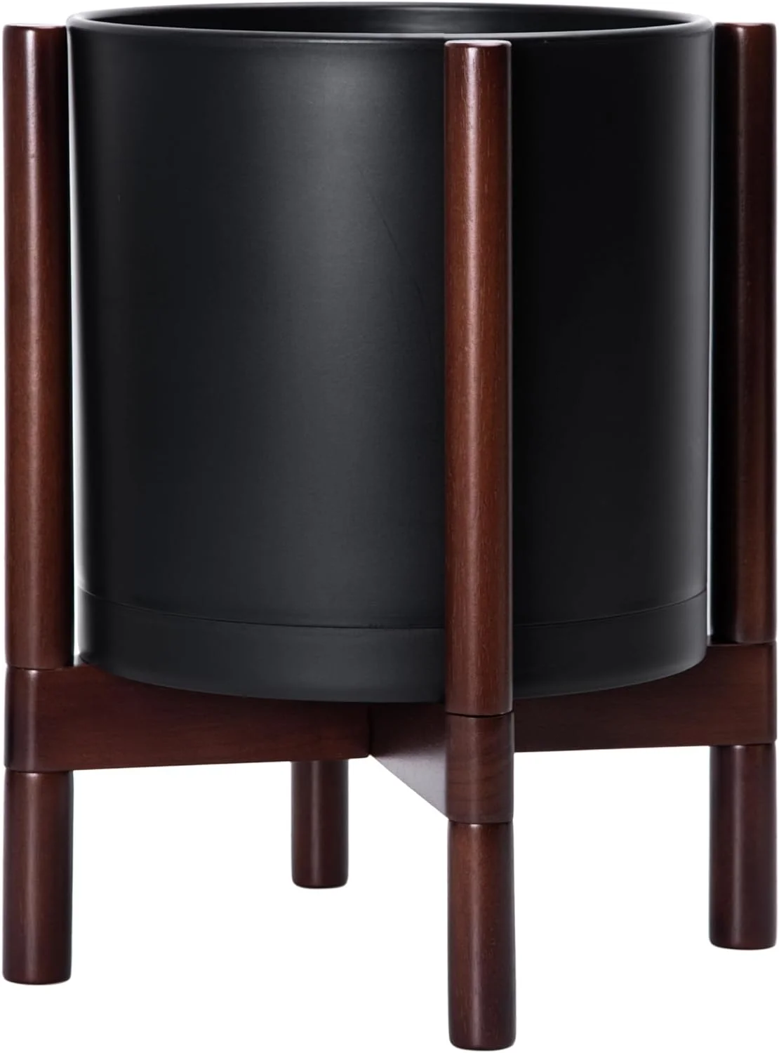 Planter Pot with Stand - 14 Inch Plastic Cylinder Flower Pot with Wood Planter Holder for Indoor, Black, 75-D-XL-2