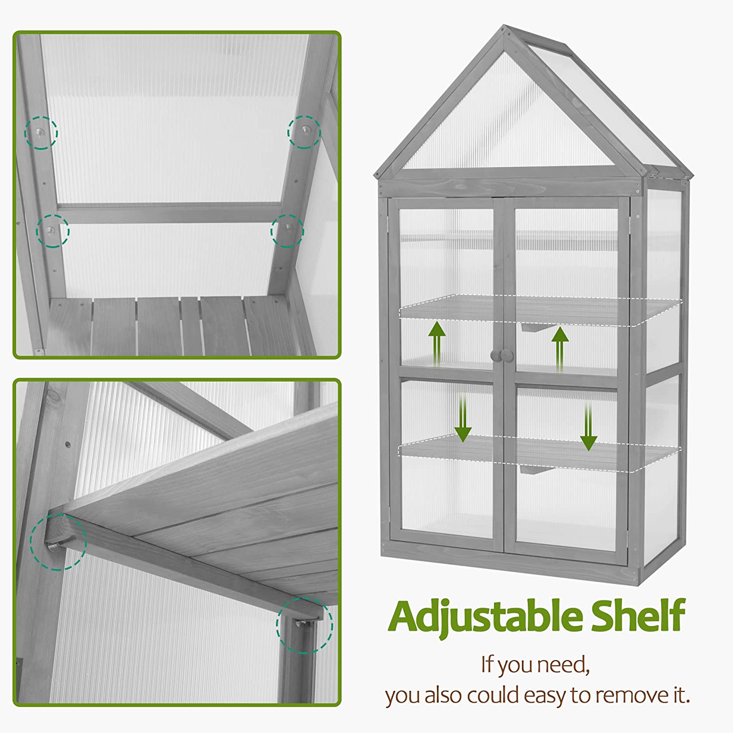 Greenhouse Cold Frame Wooden Garden Raised Flower Planter Shelf with Hard Translucent PC Protection, 0800 (Grey)