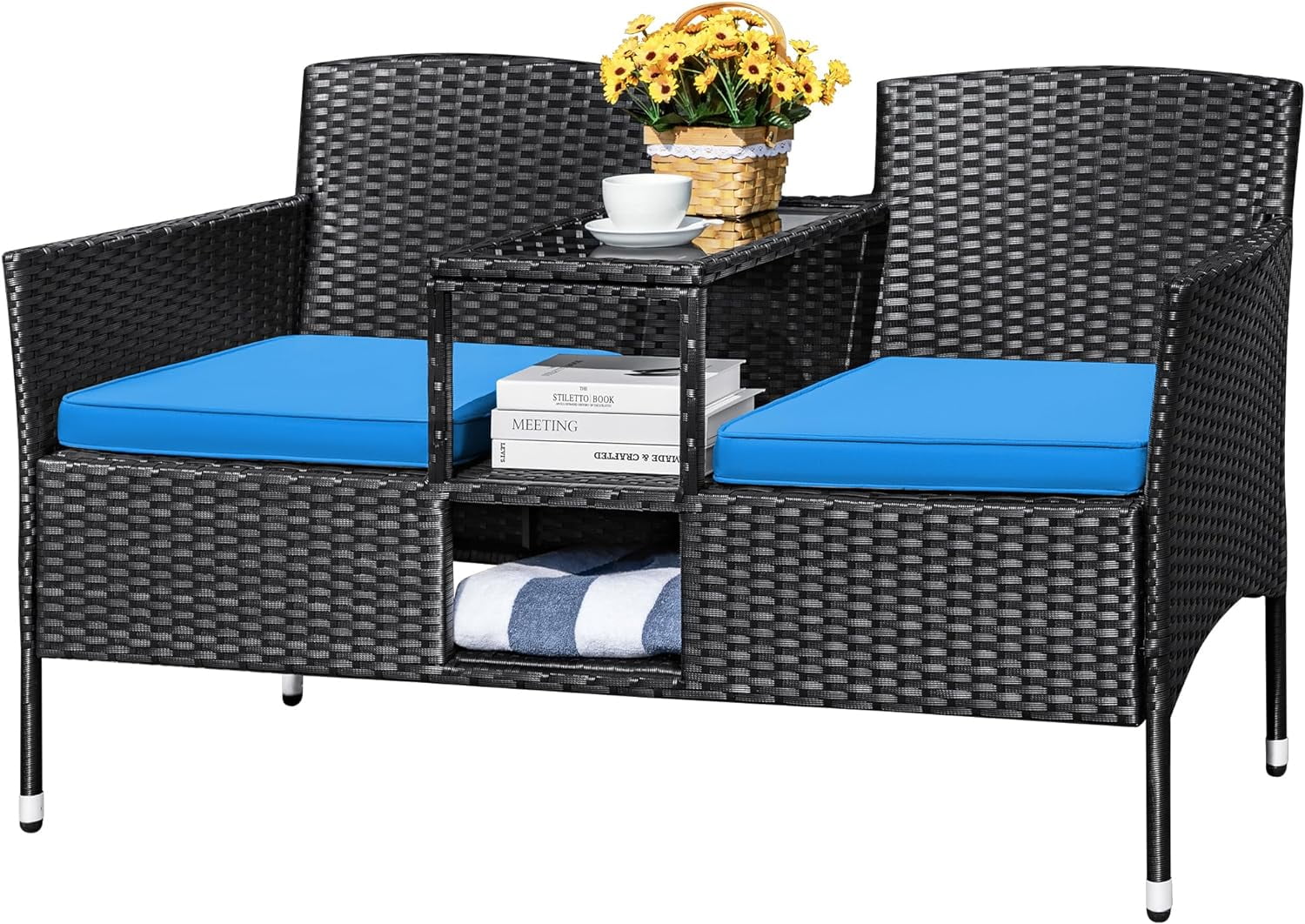 ZWNLKQG VGYUIJN Outdoor Patio Loveseat Modern Rattan 2-Seat Patio Conversation Set with Cushions & Built-in Coffee VGYUIJN Porch VGYUIJN for Garden Lawn Backyard (Blue)