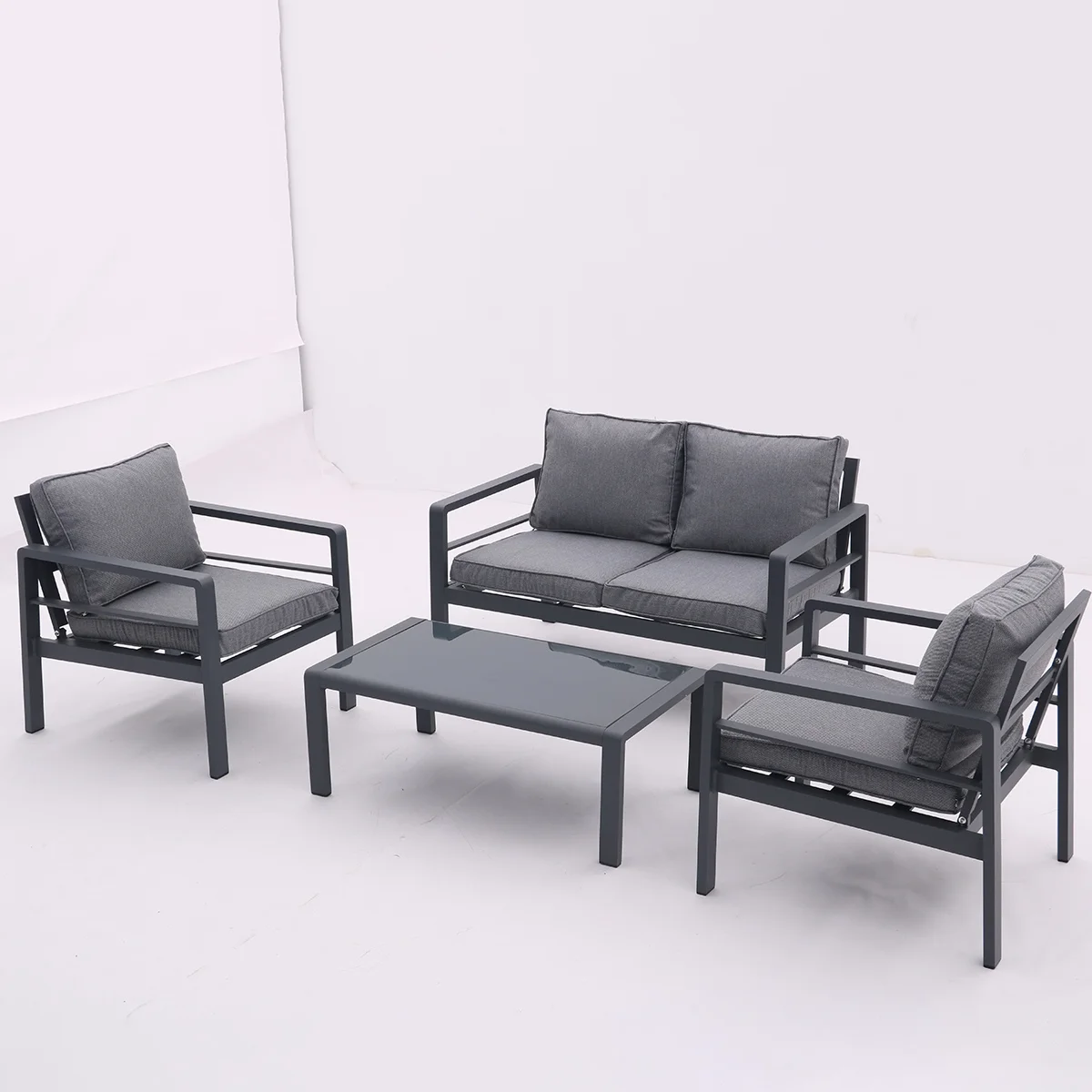 4-piece Aluminum Outdoor Patio Conversation Set,All-Weather Sectional Sofa Outside Furniture with Removable Cushions and Tempered Glass Coffee Table for Courtyard,Poolside,Deck,Balcony(Grey)