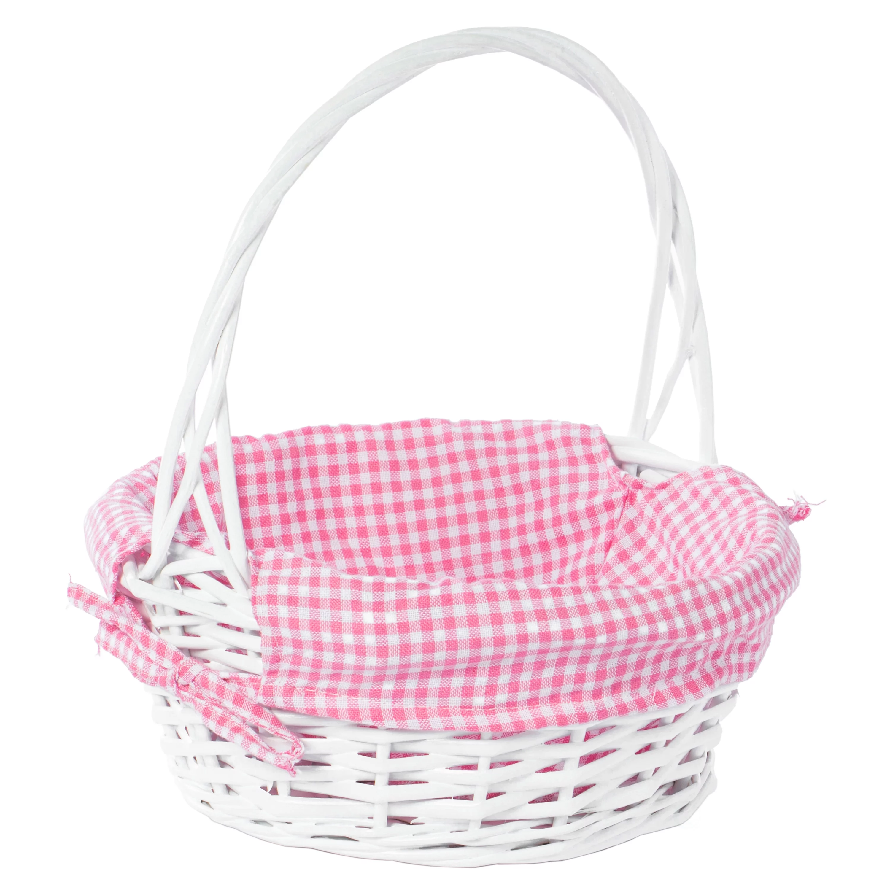 White Round Willow Gift Basket, with Gingham Liner and Handle