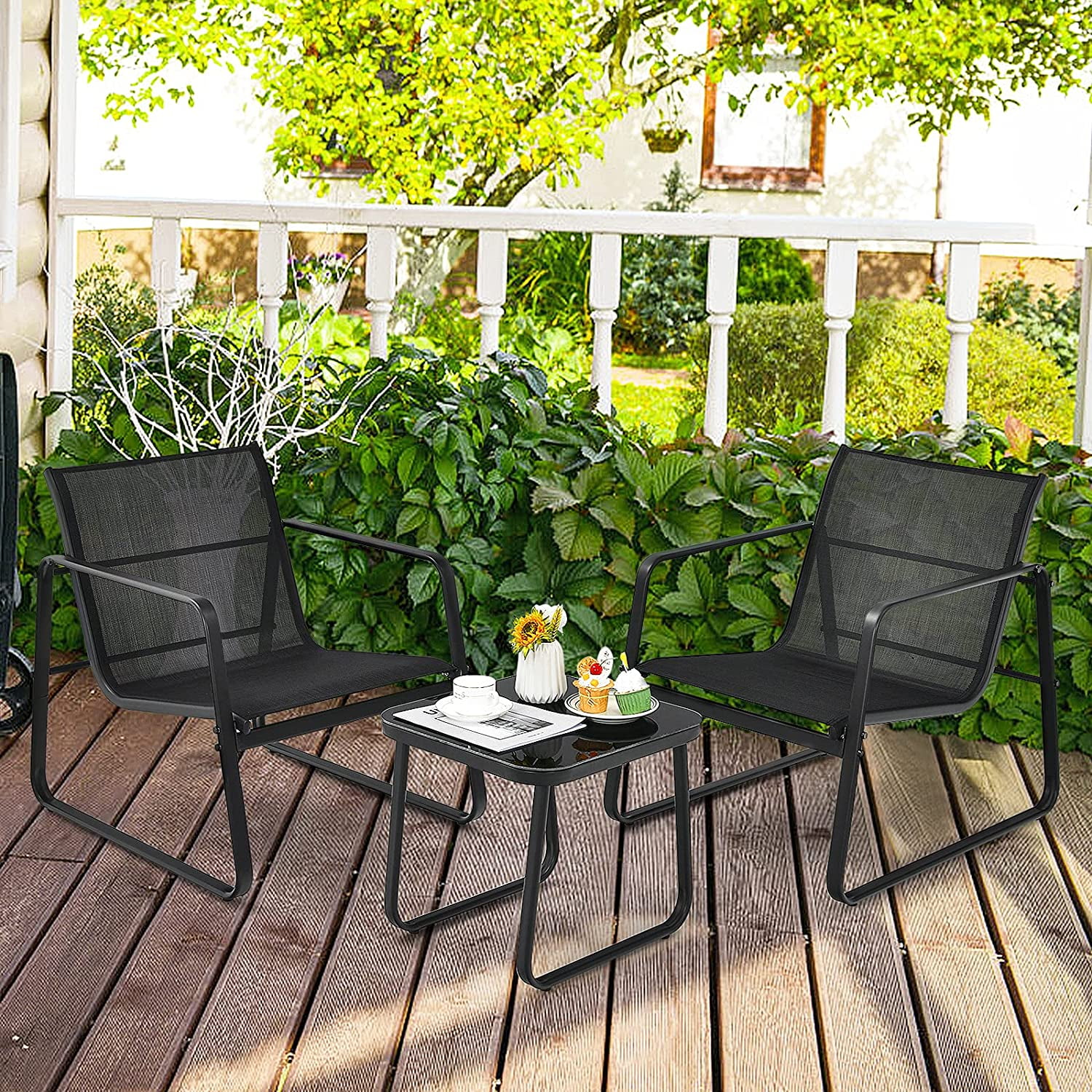 3 Pieces Outdoor Conversation Set, Patiojoy All-Weather Patio Furniture Set with Breathable Fabric and Steel Frame, Bistro Chat Set for Porch, Garden, Backyard (Black)