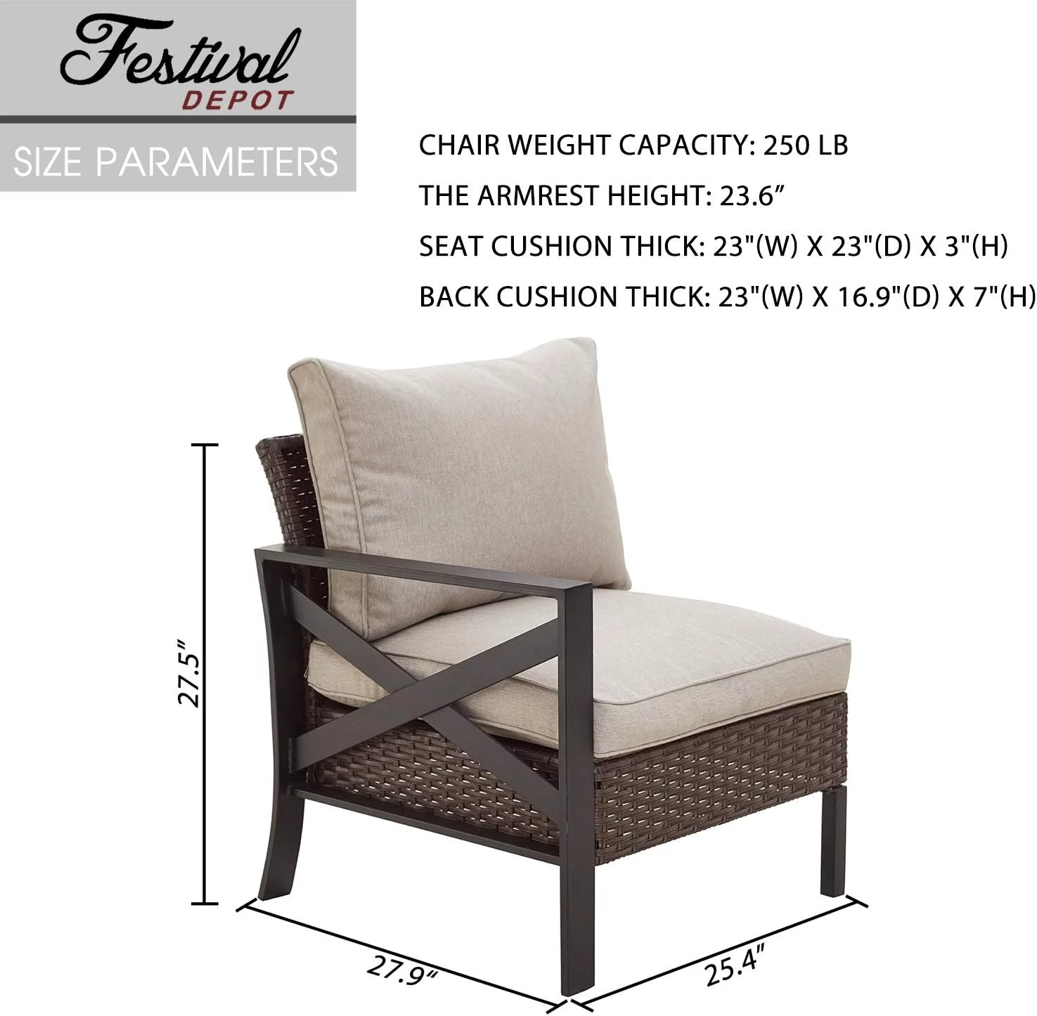 GFVCNIO Outdoor Patio Bistro Dining Chair Right Armrest Sofa with X-Shaped Armrest Chair Wicker Rattan with Thick Soft Cushion with Steel Frames for Garden Yard Poolside