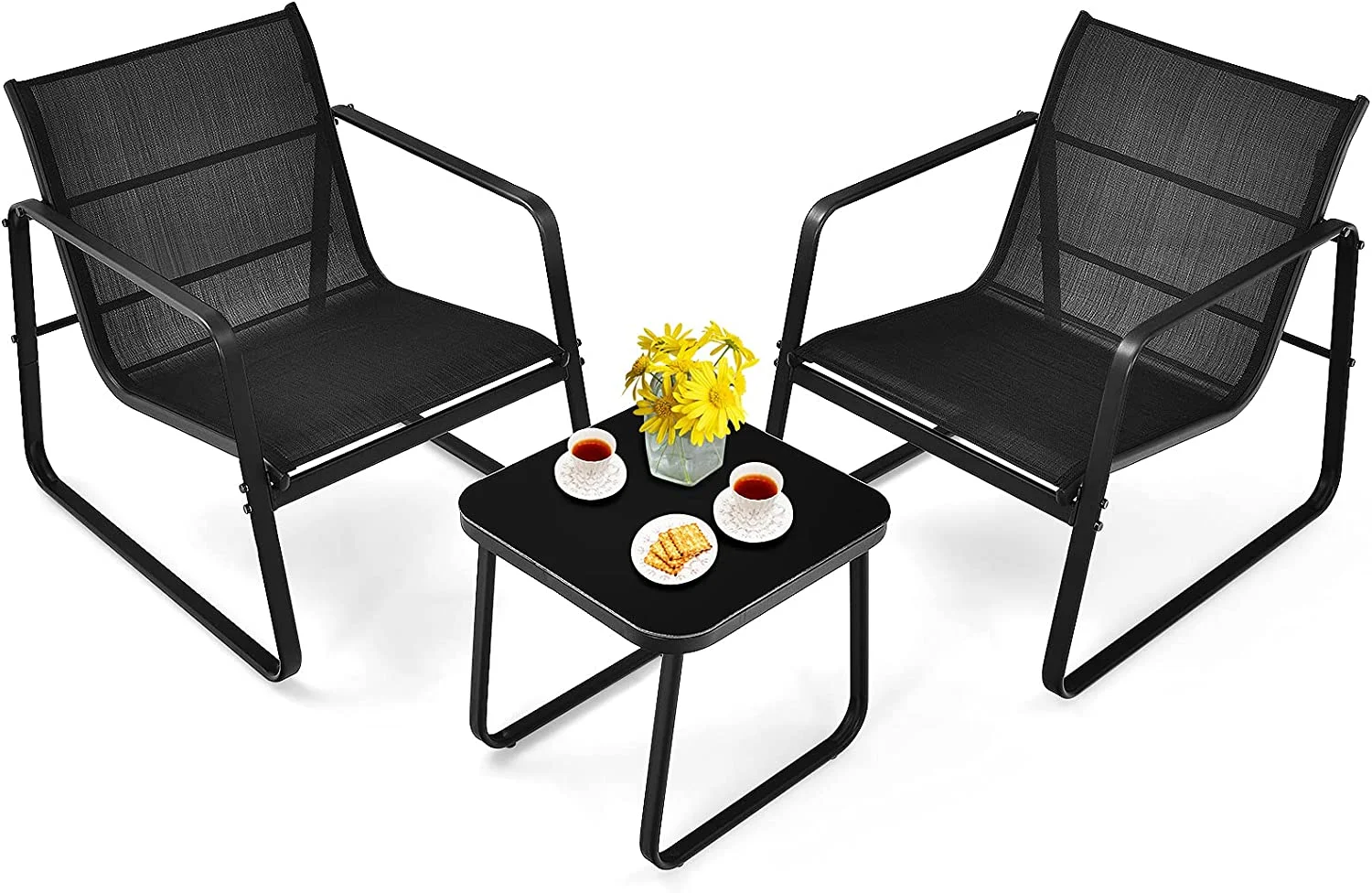3 Pieces Outdoor Conversation Set, Patiojoy All-Weather Patio Furniture Set with Breathable Fabric and Steel Frame, Bistro Chat Set for Porch, Garden, Backyard (Black)