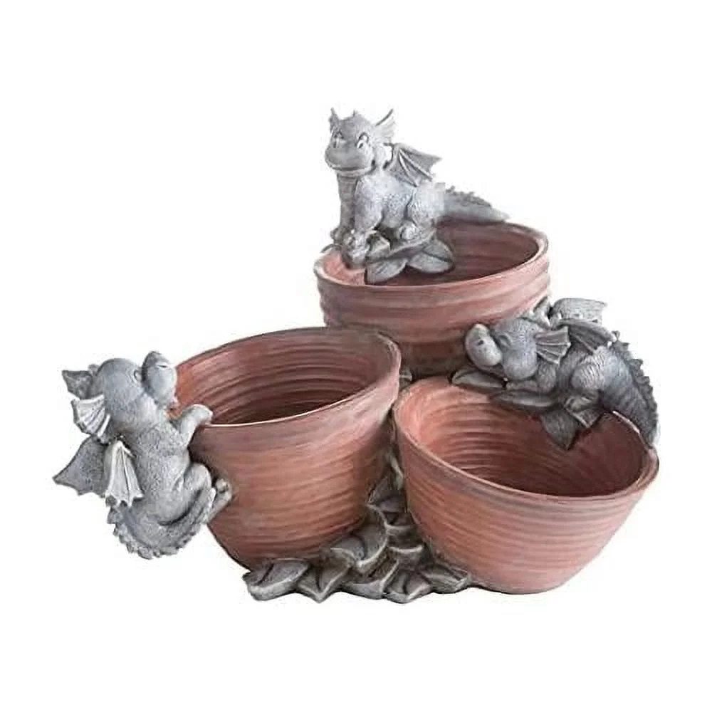 Long By 13.25-Inch Wide By 11.75-Inch Tall Indoor/Outdoor Planter With Three 5.5-Inch Diameter Flower Pots Visited By Three Adorable Baby Dragons