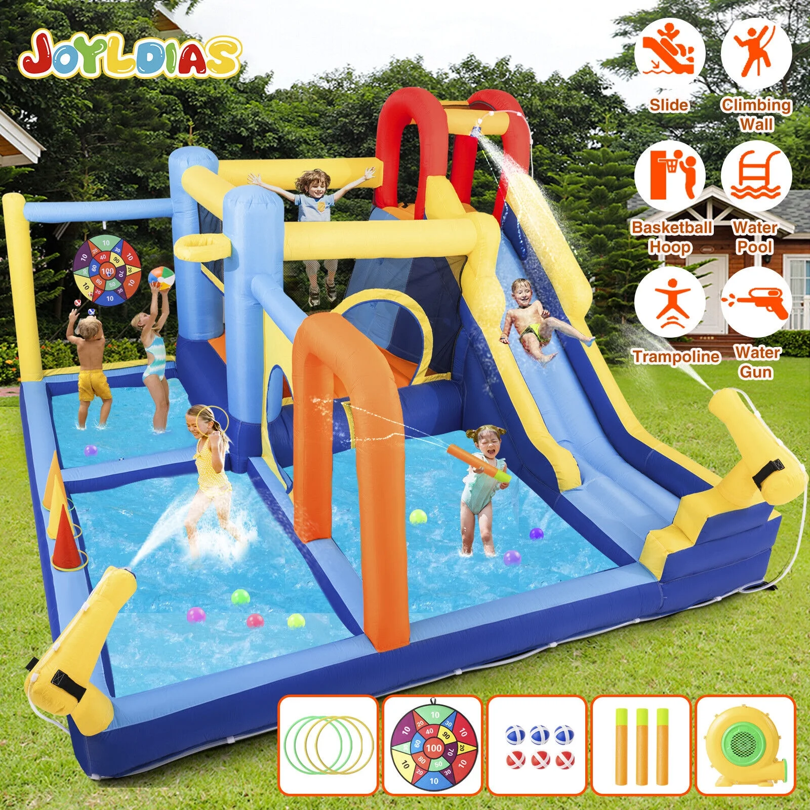 JOYLDIAS Inflatable Water Slide Bouncer Castle Kids Playhouse with Splash Pool, Climbing Wall, Trampoline, Felt Ball Target, Ring Toss Game, 550W Air Blower
