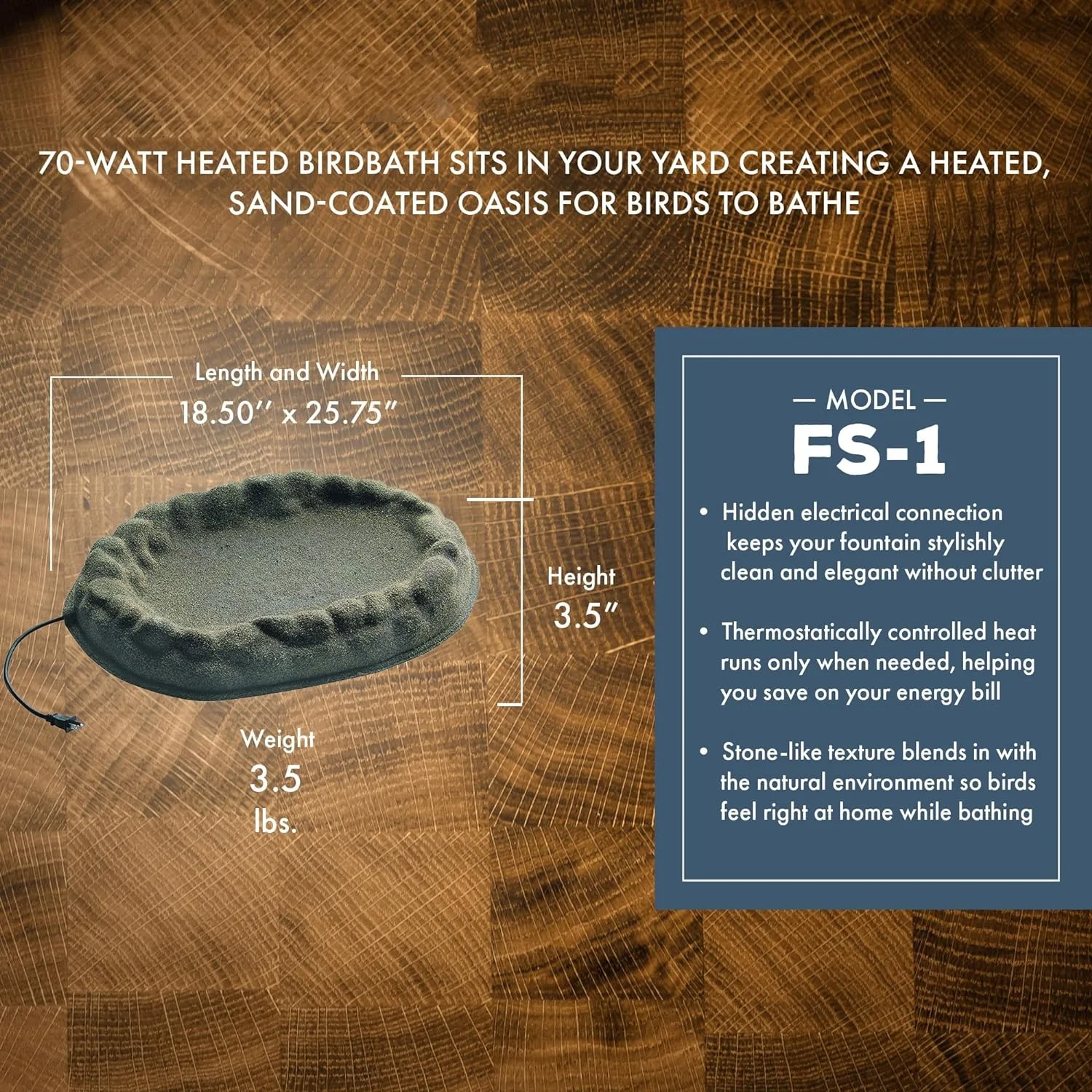 Four Seasons Outdoor Sand Coated Stone Like Heated Birdbath with Hidden Electrical Connection, 70 Watt, Gray