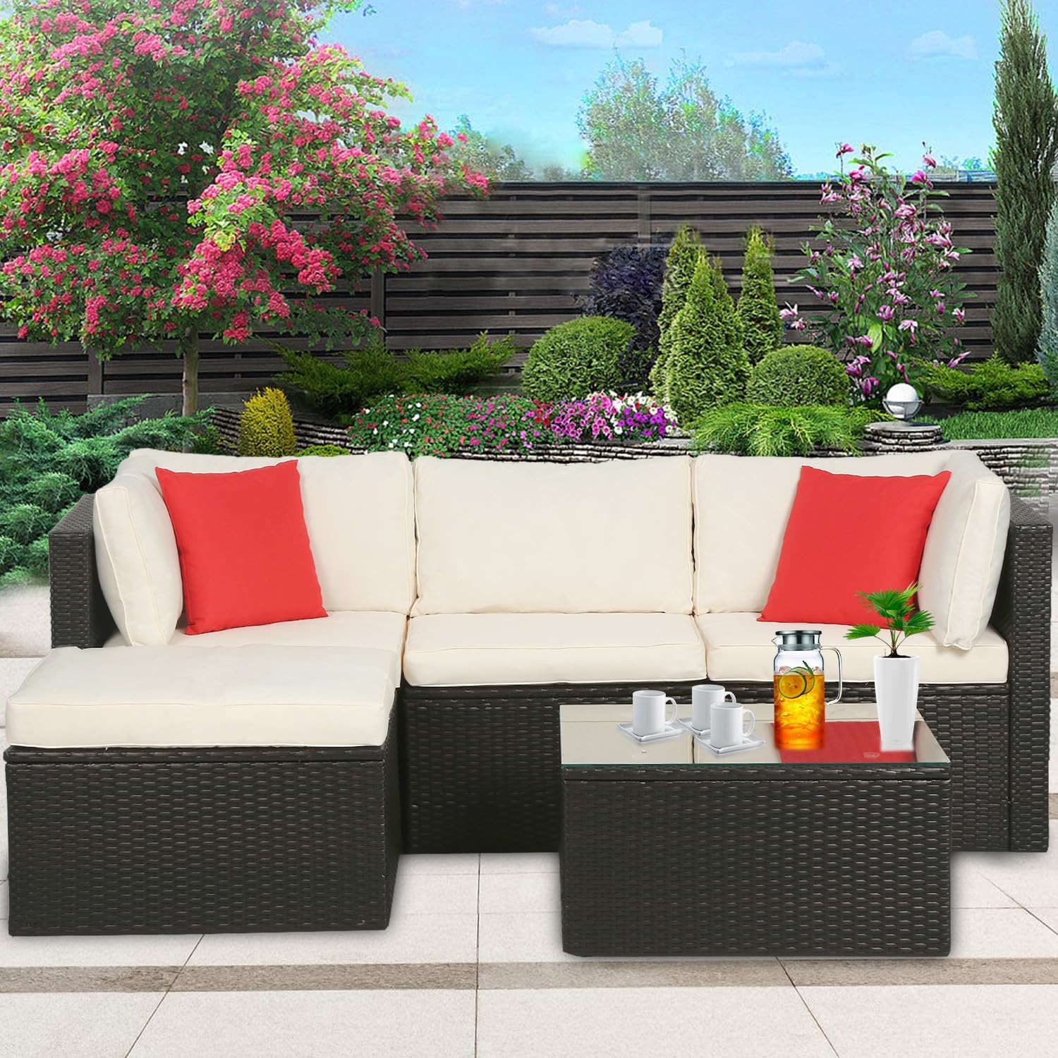Dina Outdoor Patio Furniture Sets 5 Pieces Wicker Sectional Sofa Patio Set Rattan Outdoor Table and Chairs Patio Chairs for Balcony Backyard Living Room Lobby with 2 Red Pillow  Blue
