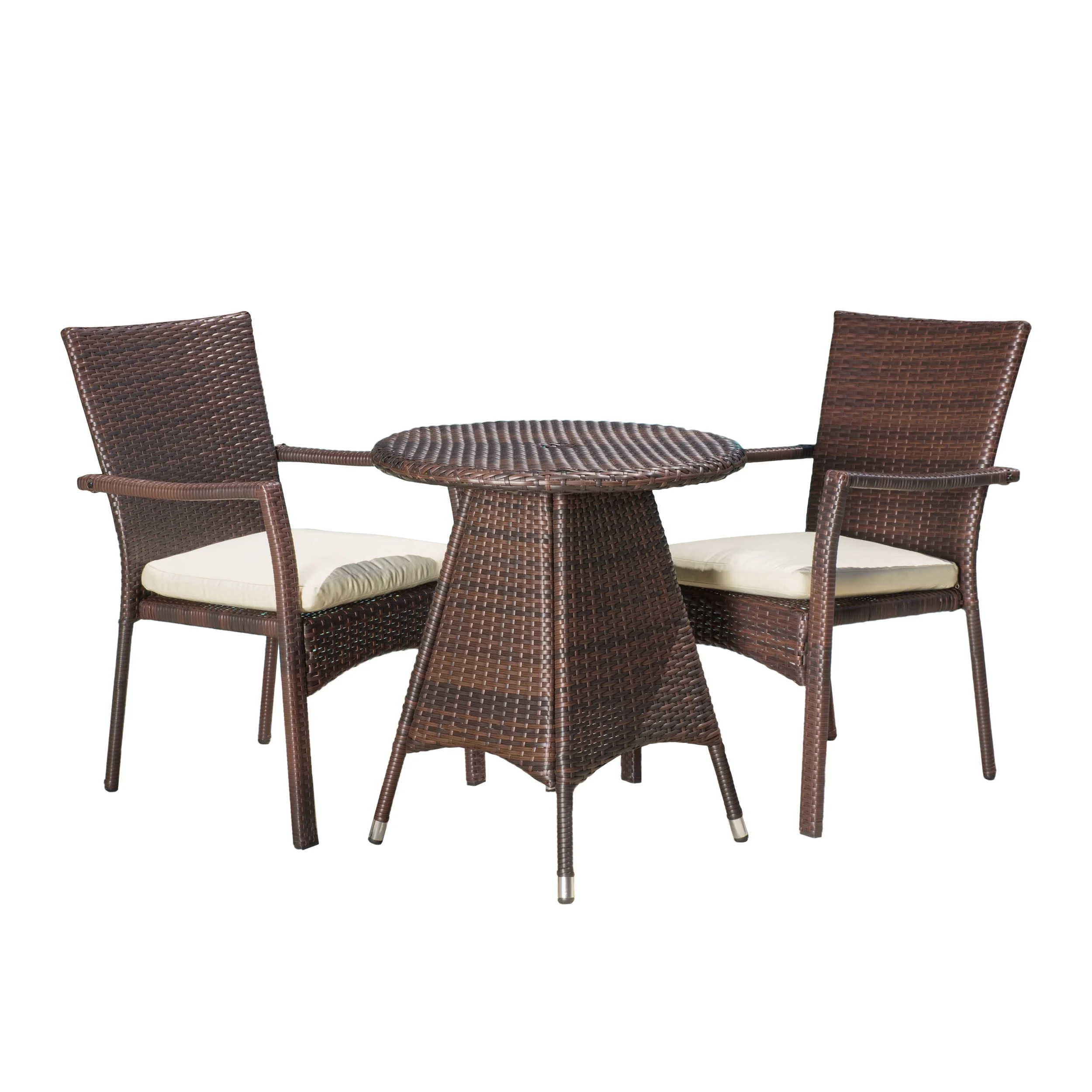 GDF Studio Polmer Outdoor Wicker 3 Piece Bistro Set with Cushion, Multibrown and Cream