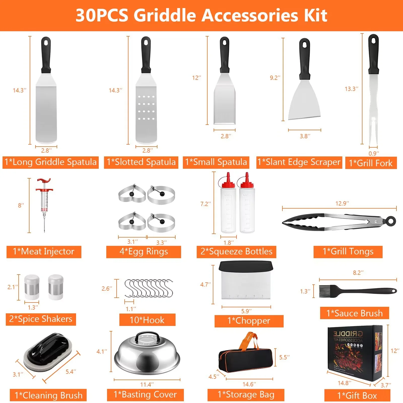 LOVJOYSE 30PCS Griddle Accessories Kit, Flat Top Grill Accessories Set for Blackstone and Camp Chef, Grill Spatula Set with Enlarged Spatulas, Basting Cover, Scraper for Outdoor BBQ