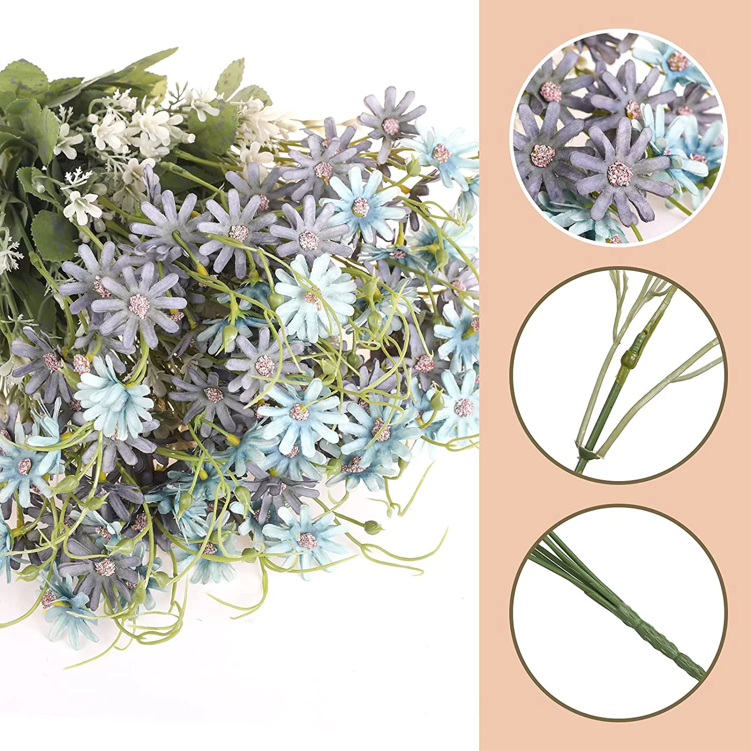 ZOELNIC 6Pcs Artificial Daisies Flowers Spring Fake Silk Wildflowers Decoration Summer UV Resistant Colorful Faux Greenery Outdoor Plant Stem Filler for Home Decor Indoor DIY Floral Arrangements, Blue