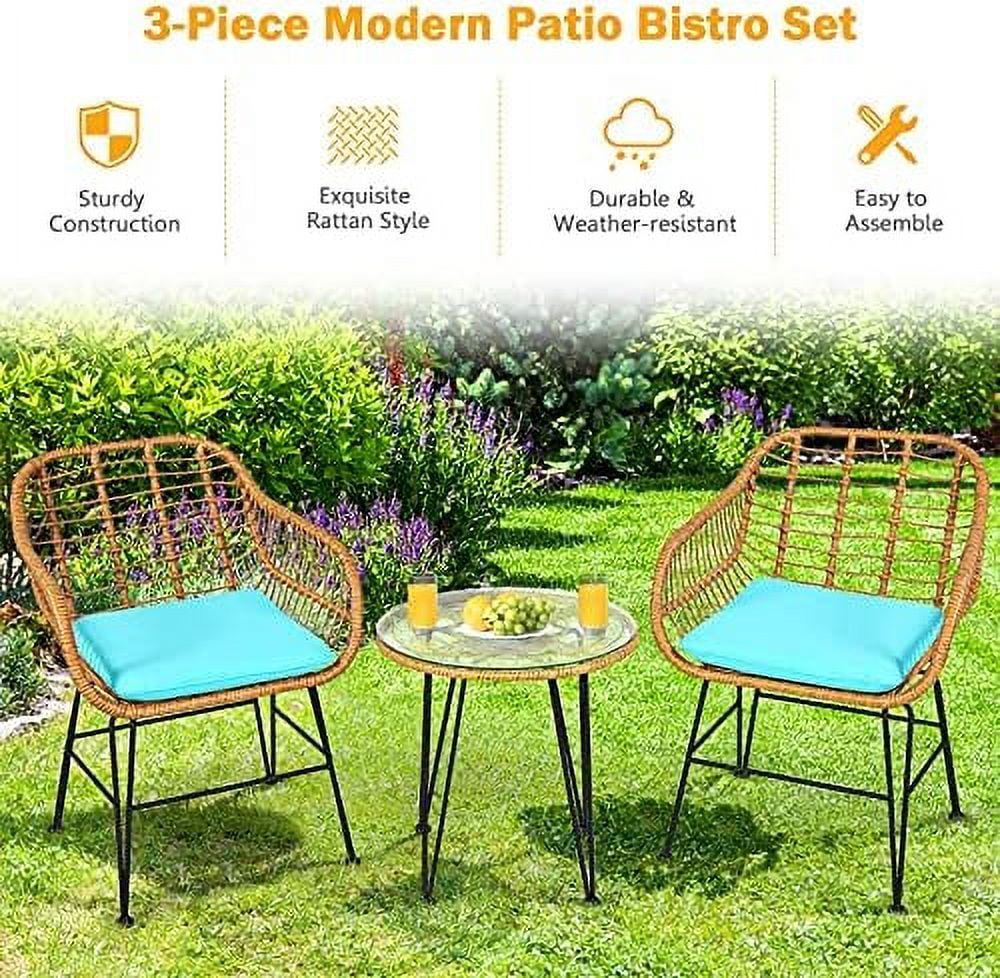 TQNJYGX 3 Pieces Rattan  with Steel Frame Round Coffee Table  Soft Cushions  Rattan Bistro  Set